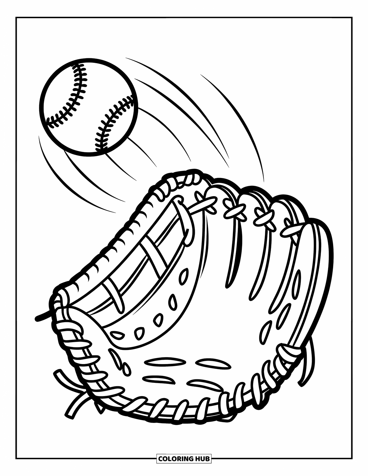 Softball Coloring Page for Kids: A smiling glove waits eagerly as a ball soars its way