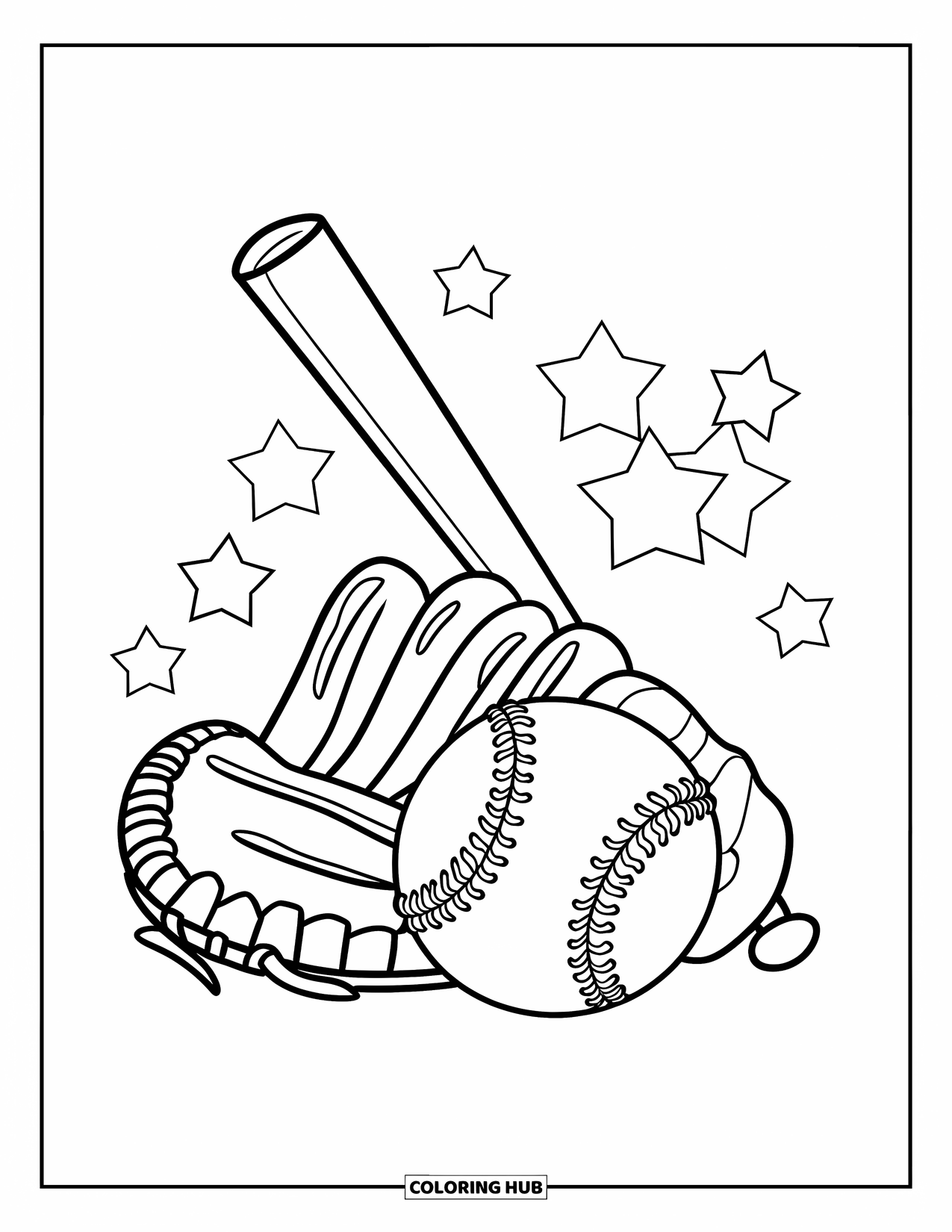 Softball Coloring Page for Kids: A softball rests beside a glove and bat with stars shining all around