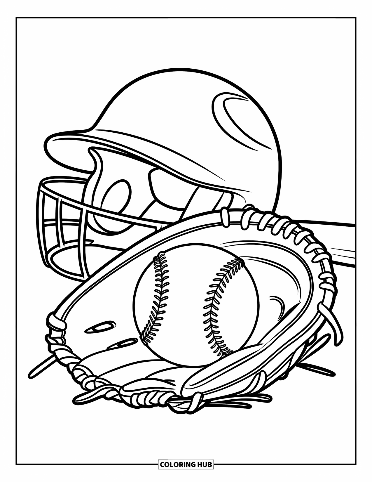 Softball Coloring Page for Kids: A softball rests in a glove with a bat and helmet placed nearby