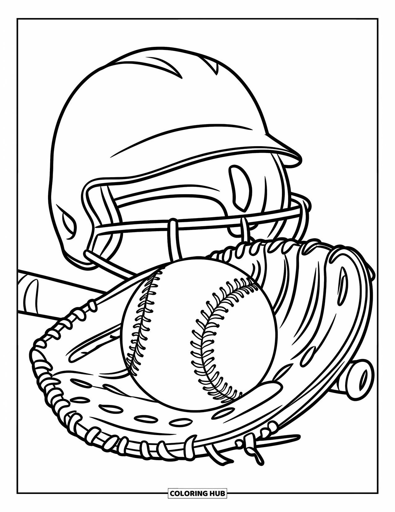 Softball Coloring Page for Kids: A softball snuggles in a glove with gear nearby, waiting for action
