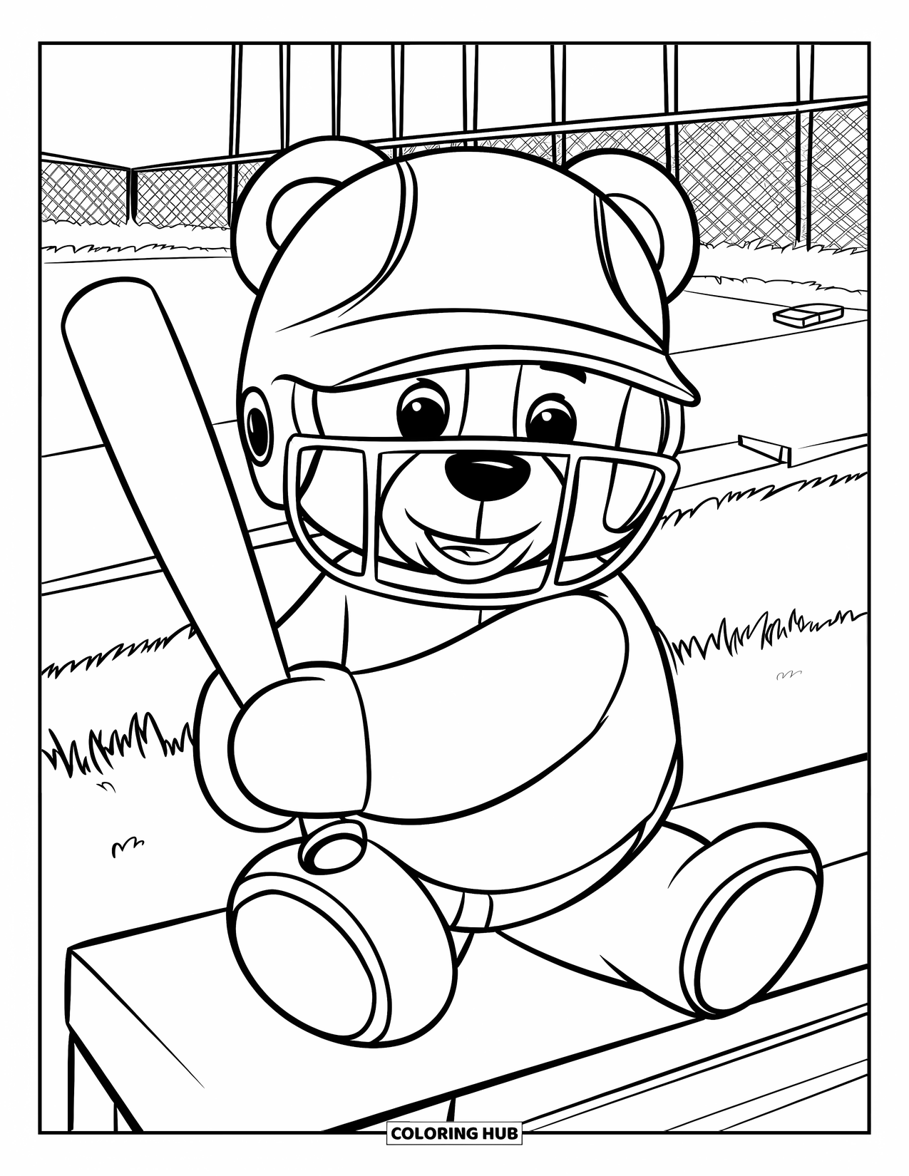 Softball Coloring Page for Kids: A teddy bear with a bat sits on a bench beside the softball field