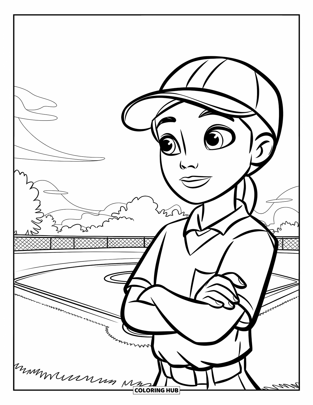 Softball Coloring Page for Kids: Arms crossed, the umpire watches closely as the play begins on the field