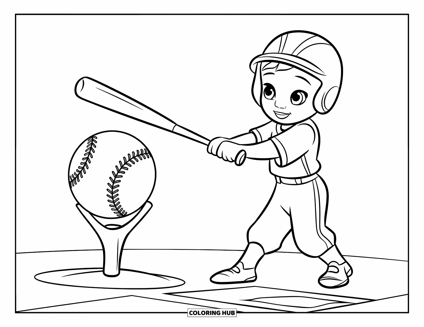 Softball Coloring Page for Kids: Bat meets ball on the tee as a kid takes a confident swing