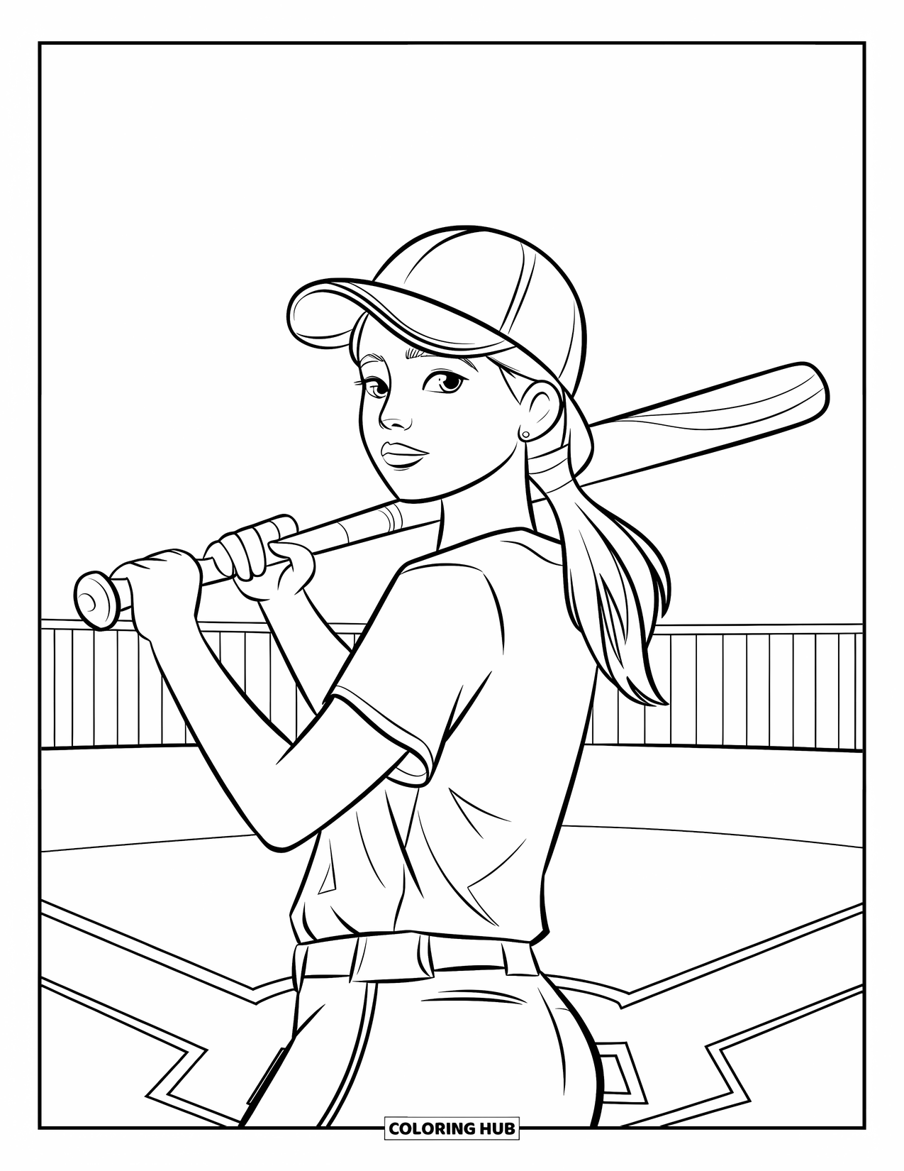 Softball Coloring Page for Kids: Bat on her shoulder, a teen heads to the plate with quiet determination