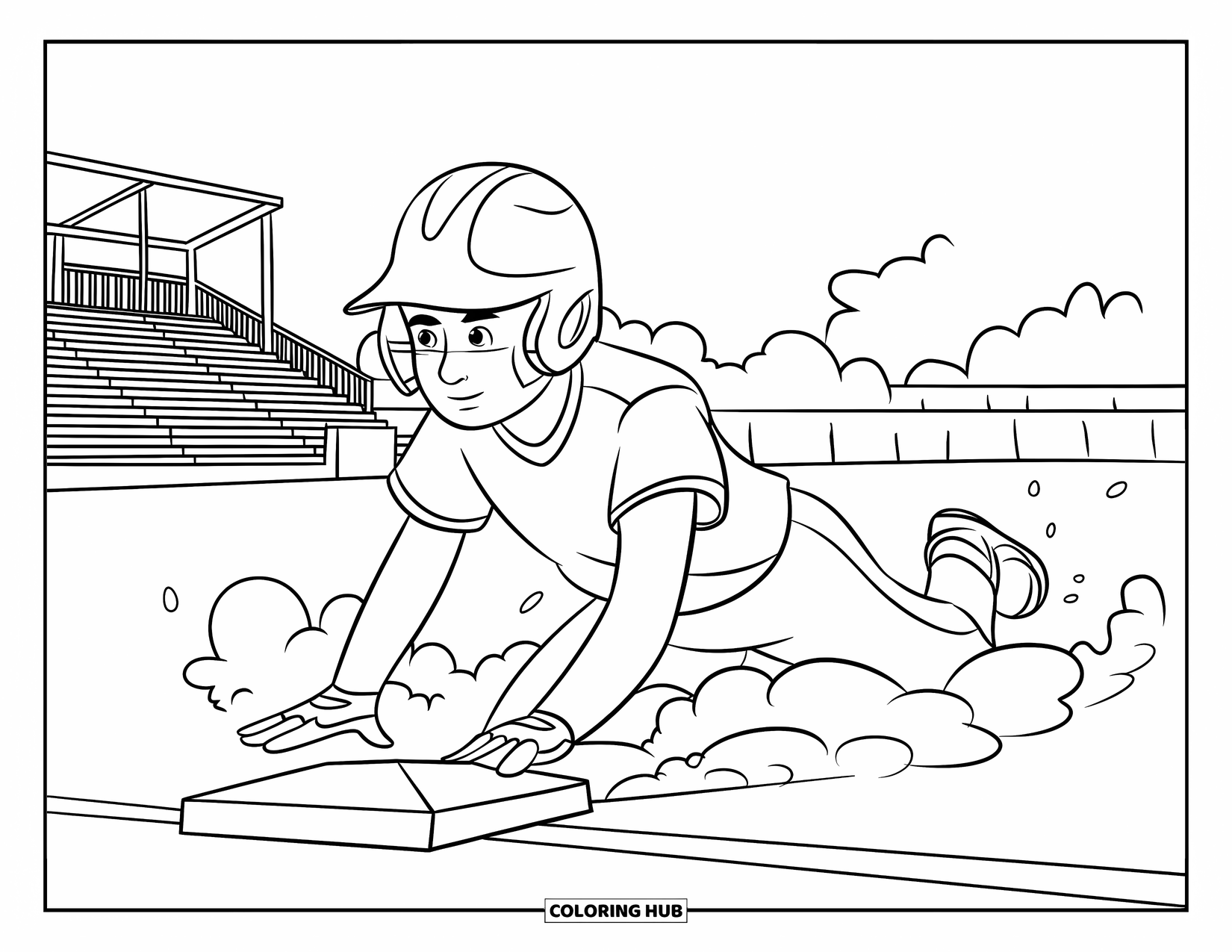 Softball Coloring Page for Kids: Dust flies up as a kid slides safely into base near the cheering stands