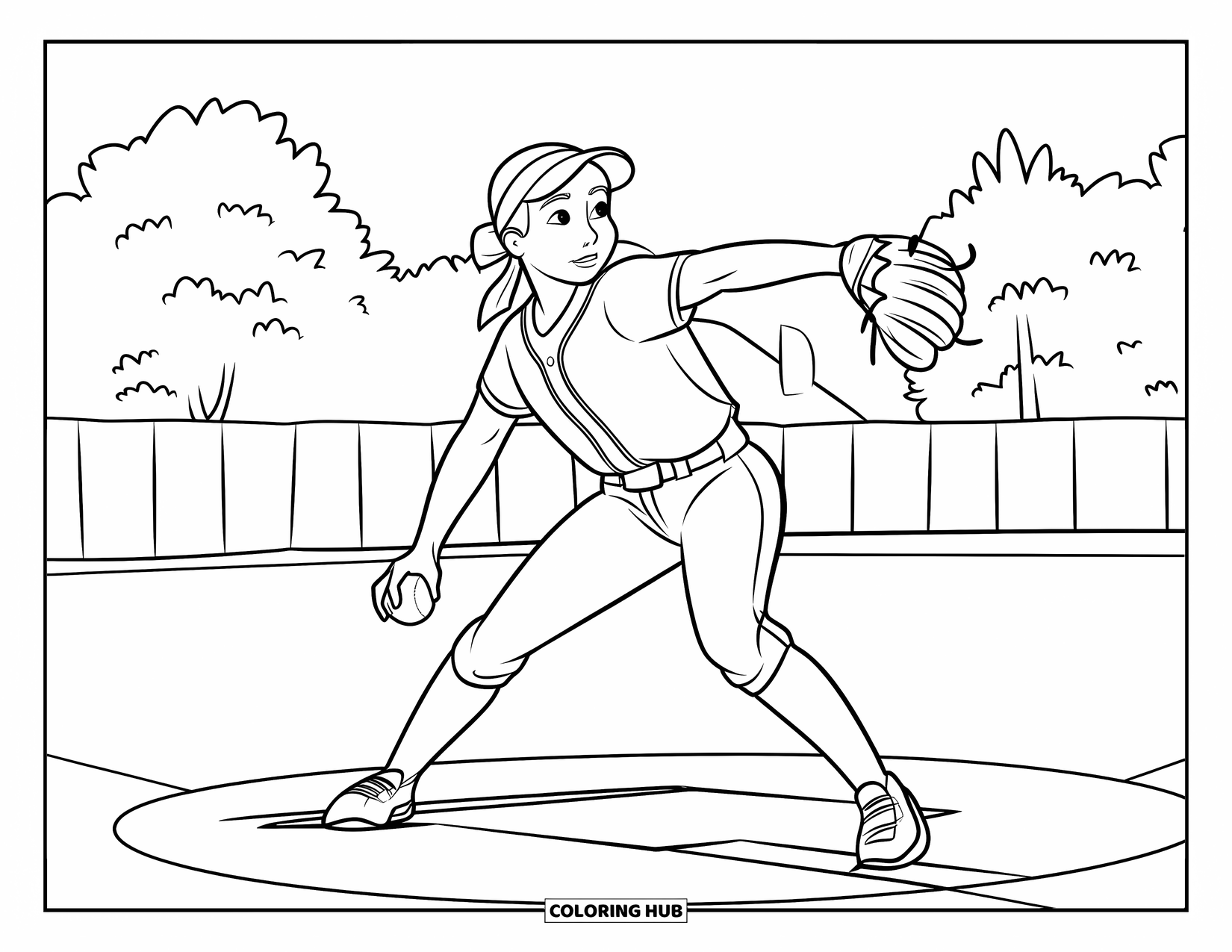 Softball Coloring Page for Kids: Eyes locked ahead, the pitcher winds up surrounded by trees and clean field lines