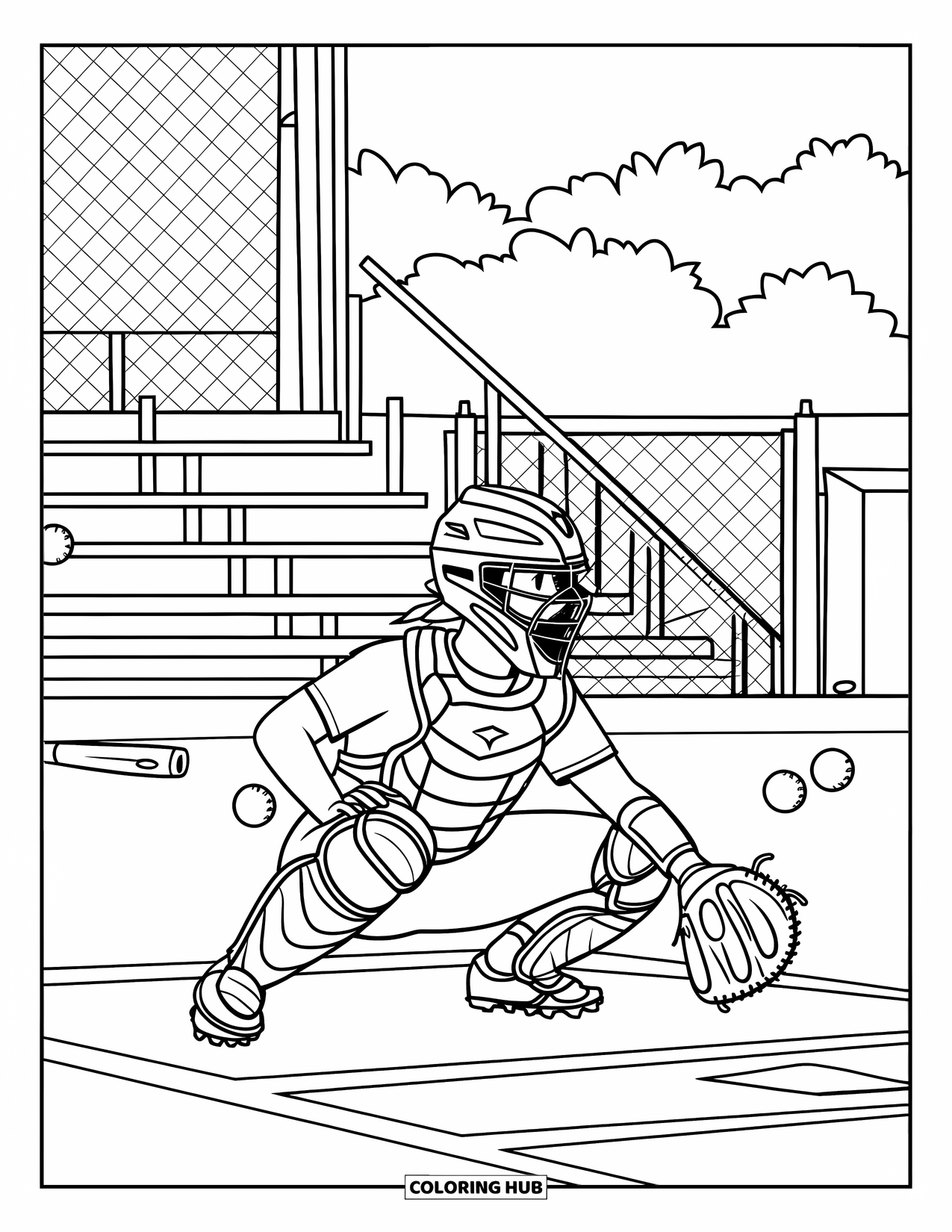 Softball Coloring Page for Kids: Fully geared, the catcher waits behind home plate as bats and balls rest nearby