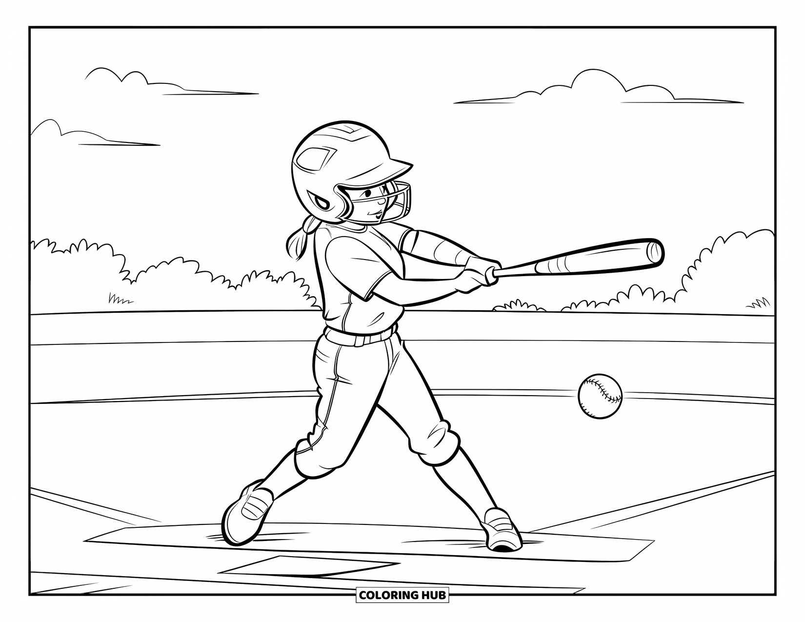 Softball Coloring Page for Kids: Mid-swing under clear skies, a young player sends the softball flying across the field