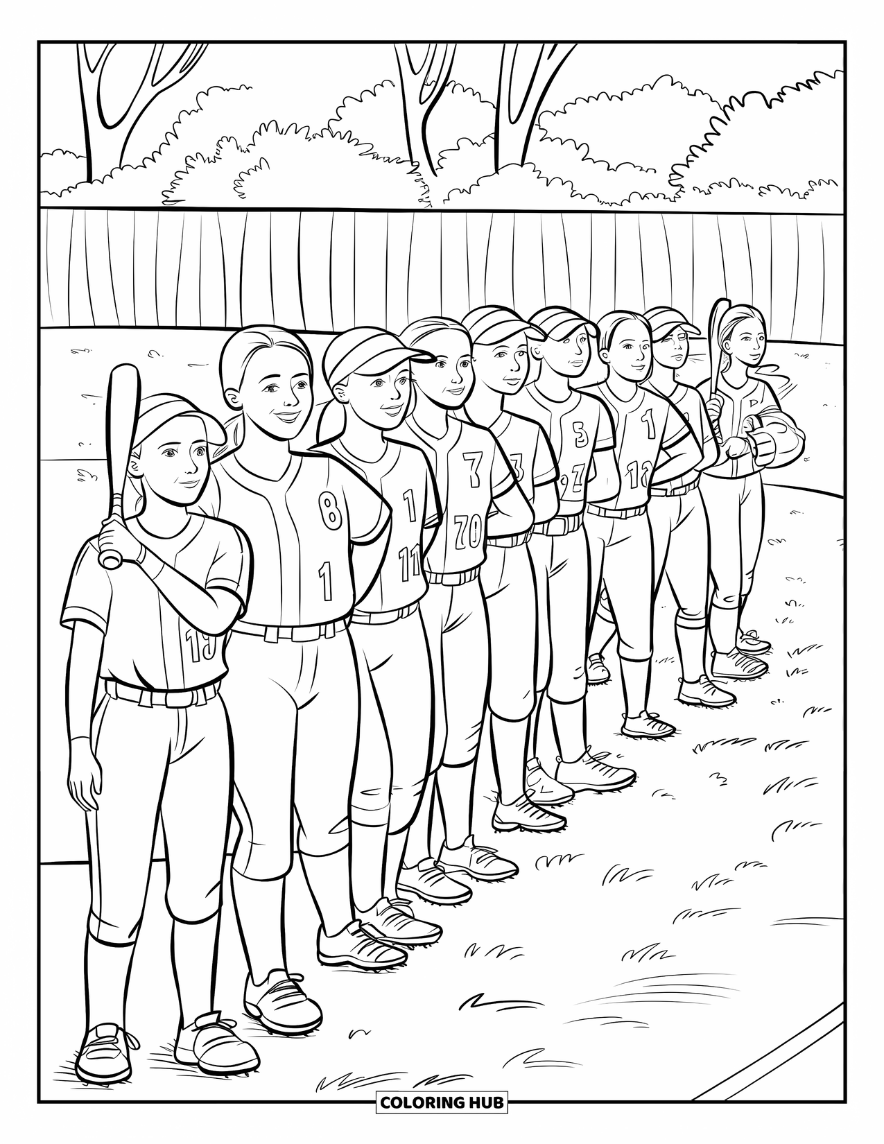 Softball Coloring Page for Kids: Players in striped jerseys line up near the field, preparing to hit