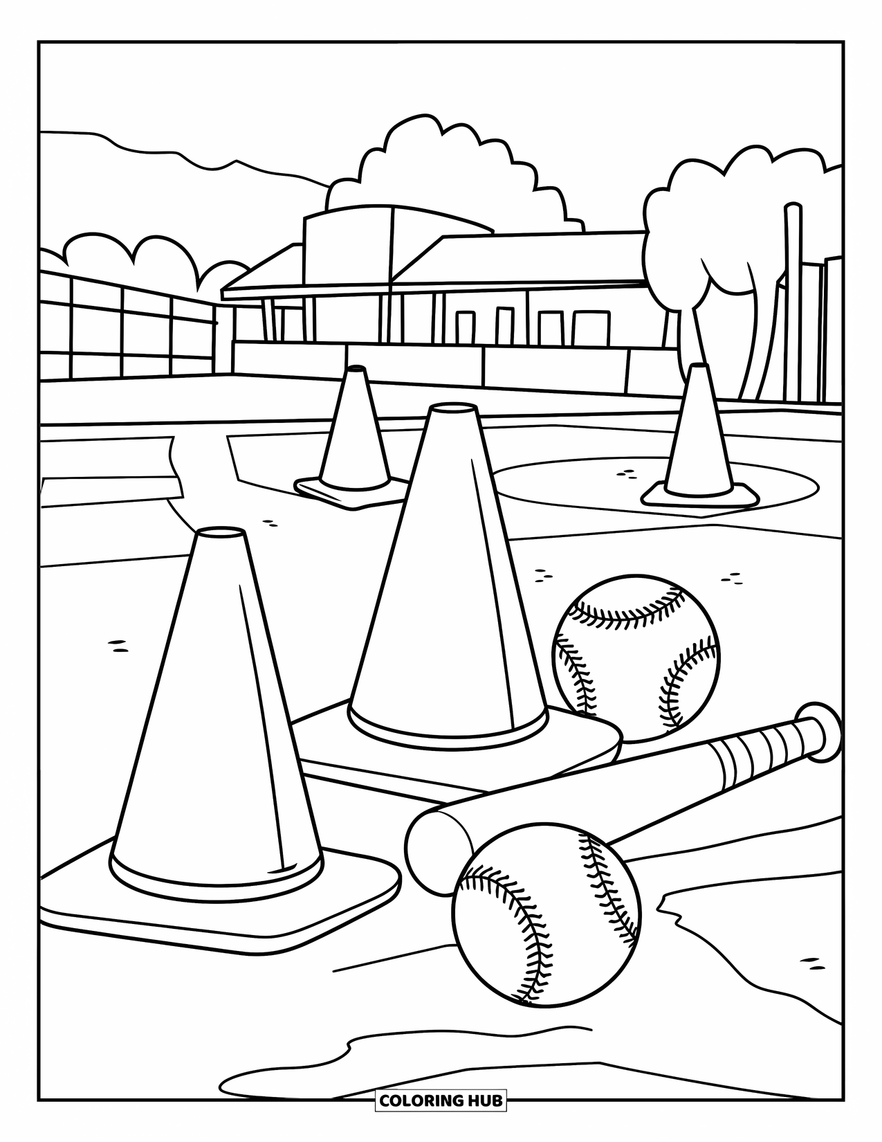 Softball Coloring Page for Kids: Practice gear covers the field with cones, bats, and balls scattered under the trees