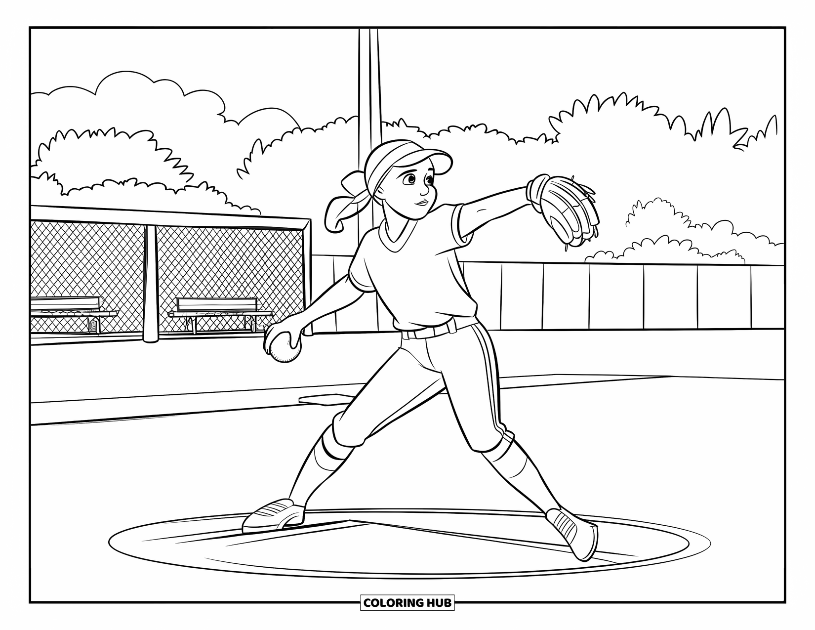 Softball Coloring Page for Kids: The pitcher prepares to throw on a grassy field with benches and trees beyond
