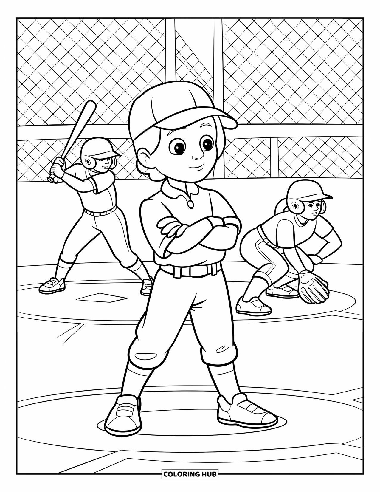 Softball Coloring Page for Kids: The umpire stands behind home plate as a batter and fielder prepare in the distance