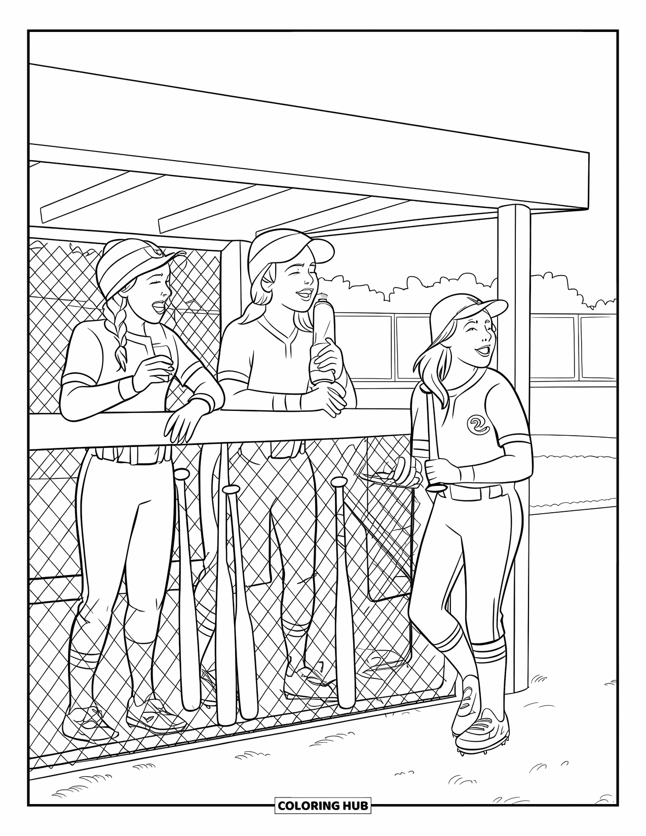 Softball Coloring Page for Kids: Three teens chill in the dugout, laughing and sipping water between plays