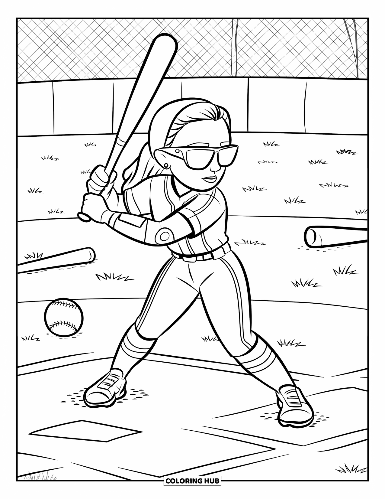 Softball Coloring Page for Kids: Warming up with style, a player swings the bat near balls and bats on the grass