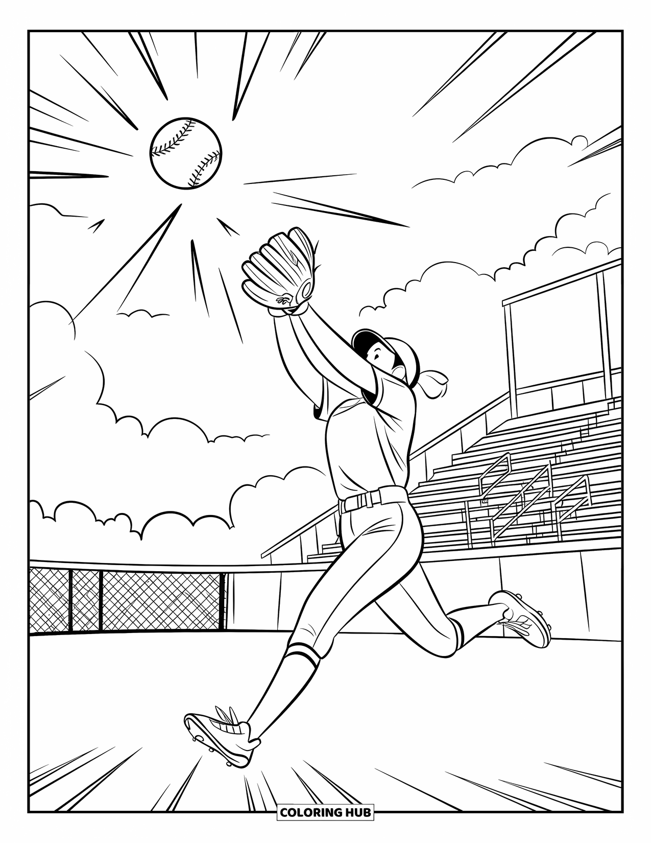 Softball Coloring Page for Kids: With energy lines glowing, a player soars up for a dramatic fly ball catch