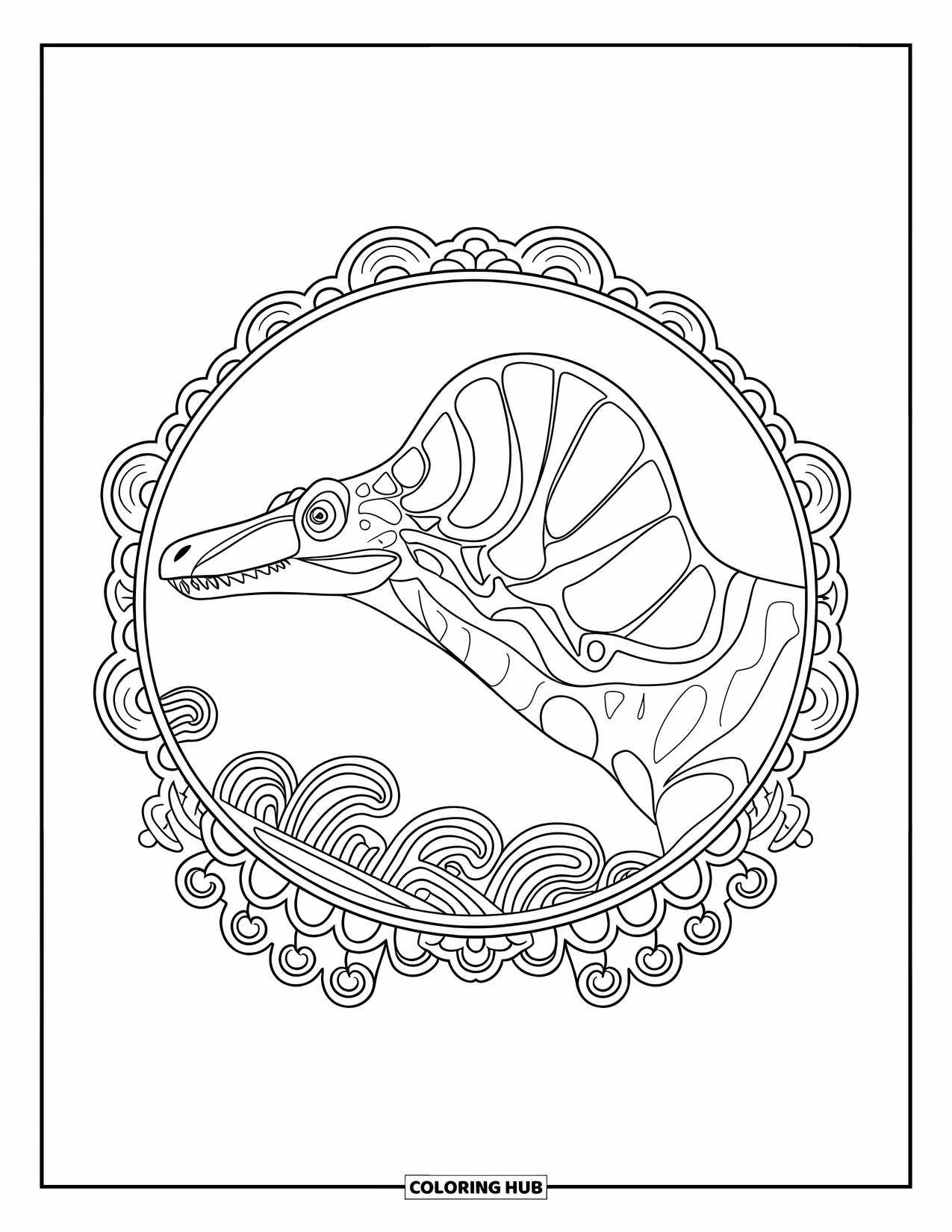 Spinosaurus Coloring Page for Adults: Side-view Spinosaurus encircled by ornate filigree on a clean white page