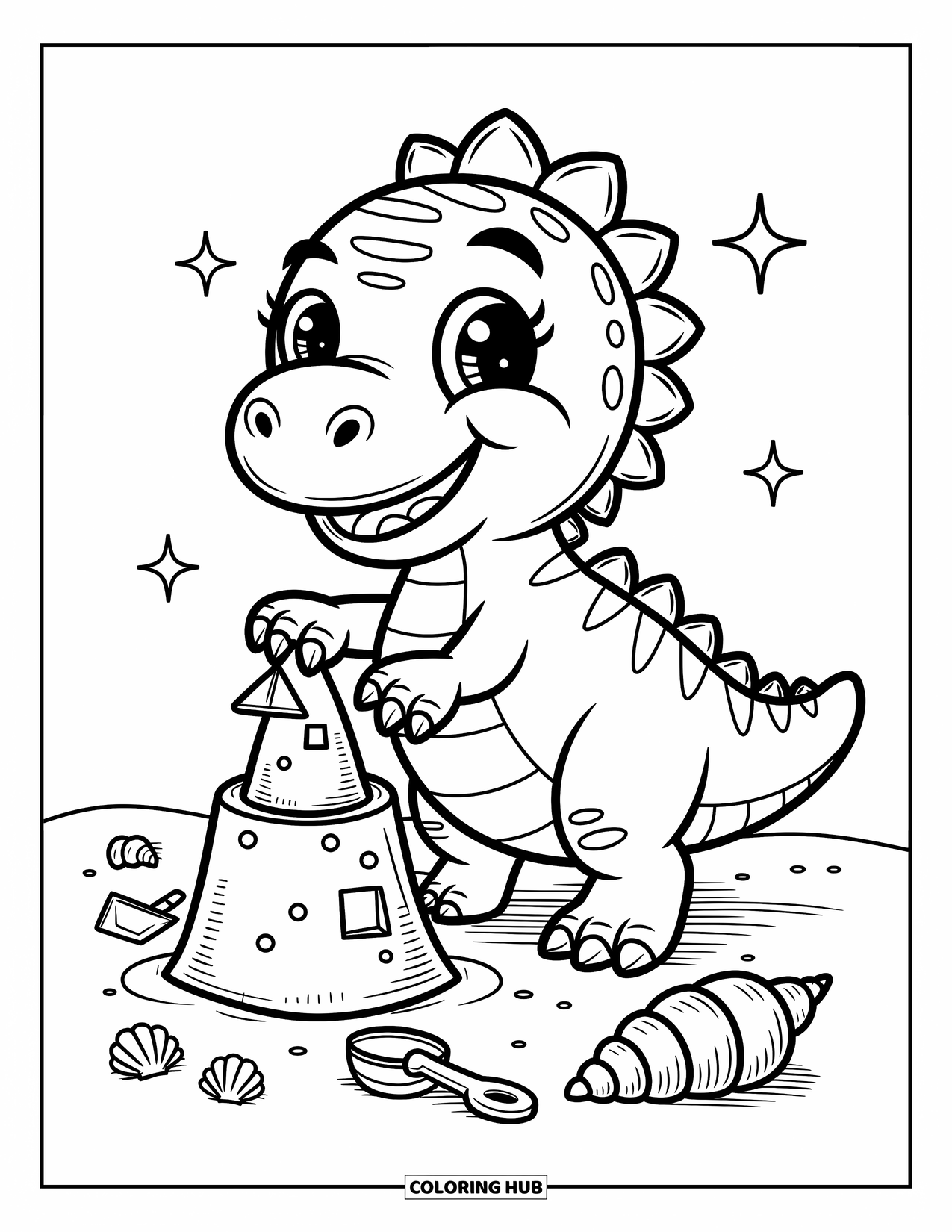 Spinosaurus Coloring Page for Adults: Spinosaurus builds a whimsical sandcastle with shells, toys, and a big smile