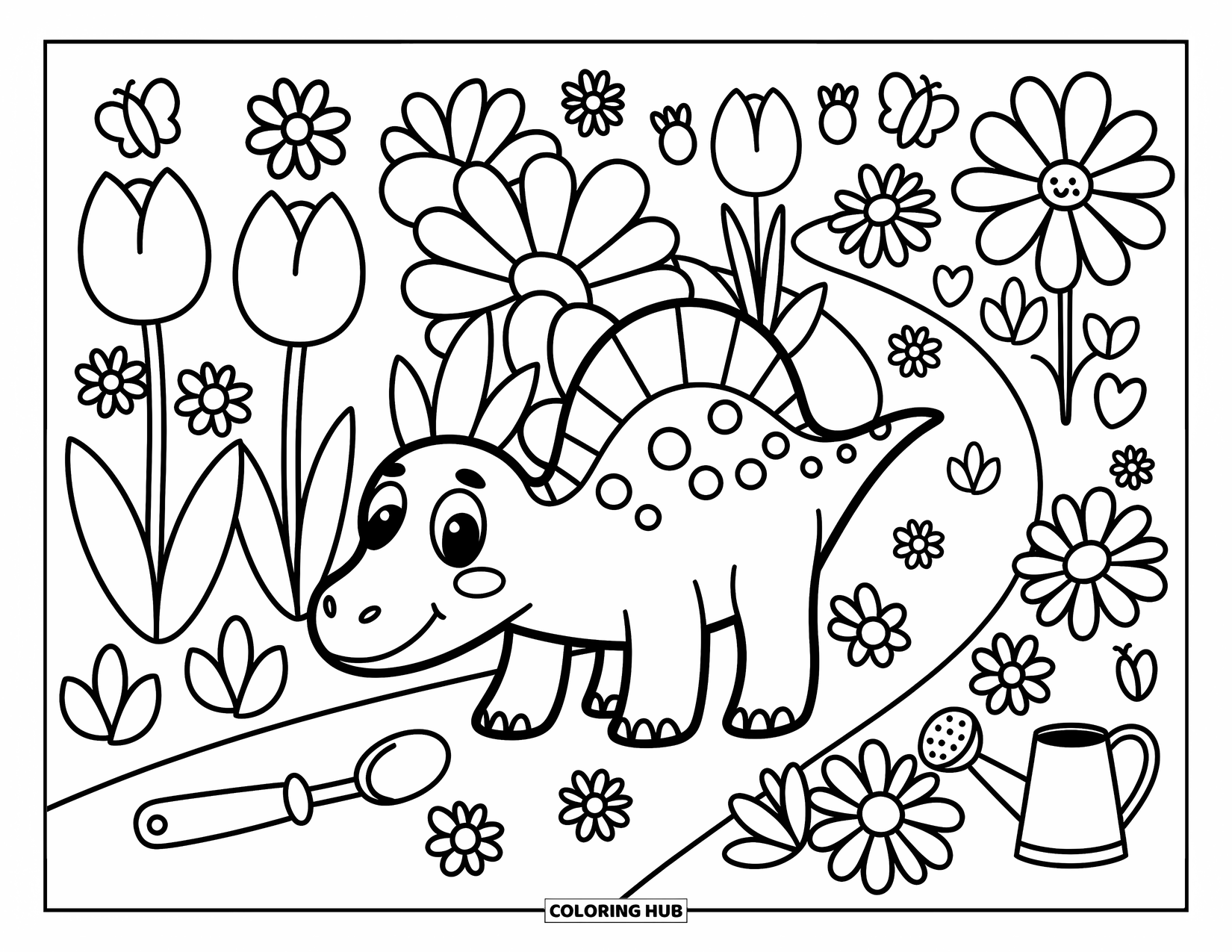 Spinosaurus Coloring Page for Adults: Spinosaurus explores a flower path with bugs, a watering can, and a curious smile
