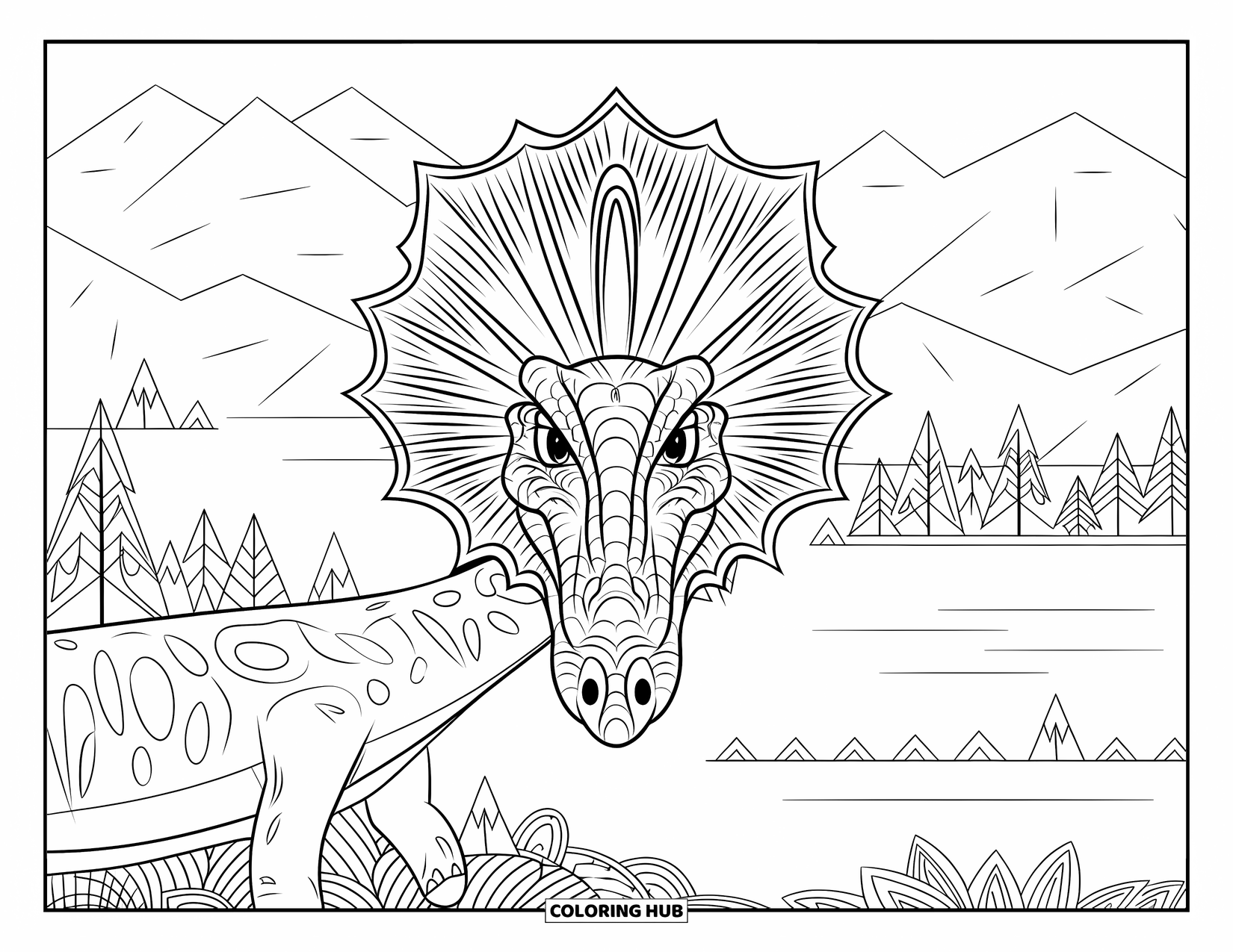 Spinosaurus Coloring Page for Adults: Spinosaurus face and sail framed in leaves with a mountain and lake view