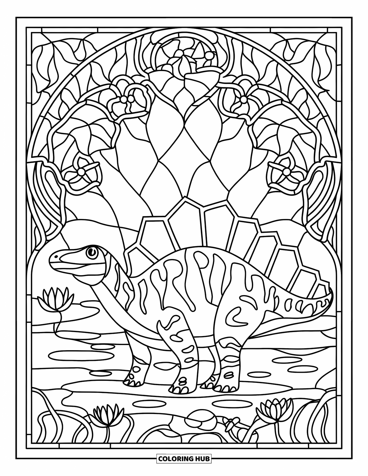 Spinosaurus Coloring Page for Adults: Spinosaurus framed by stained-glass leaves and flowers with lily pads