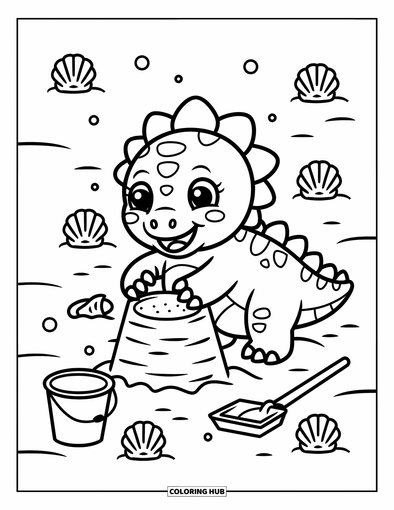Spinosaurus Coloring Page for Adults: Spinosaurus happily builds a sandcastle with playful toys and shells on the beach