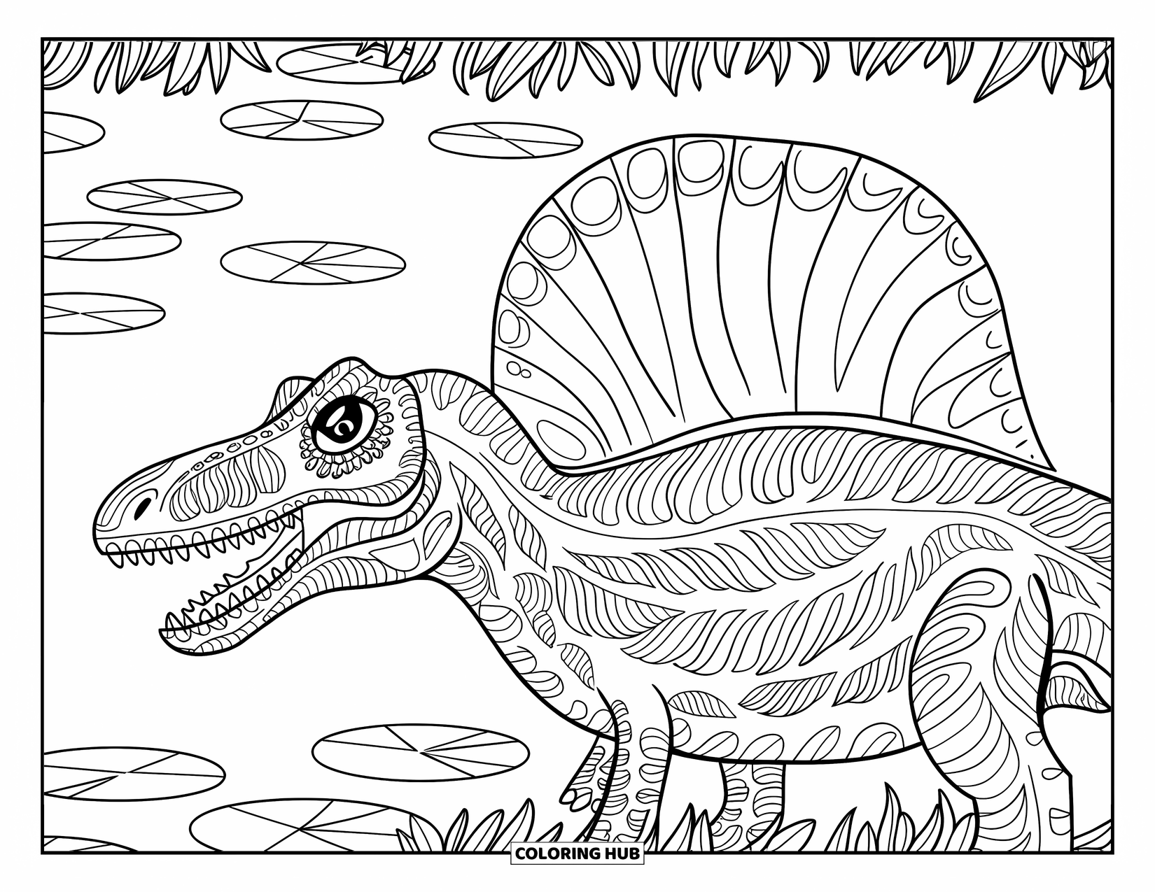 Spinosaurus Coloring Page for Adults: Spinosaurus head inside a leaf pattern with a peaceful lakeside background