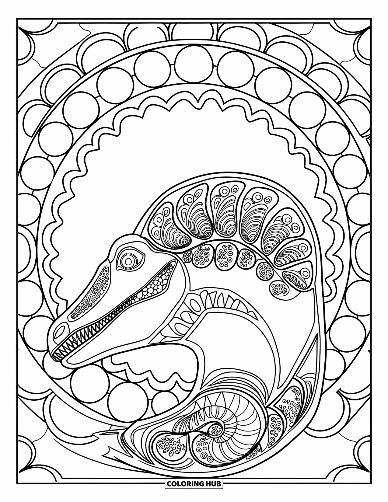 Spinosaurus Coloring Page for Adults: Spinosaurus profile wrapped in decorative wave and circle patterns