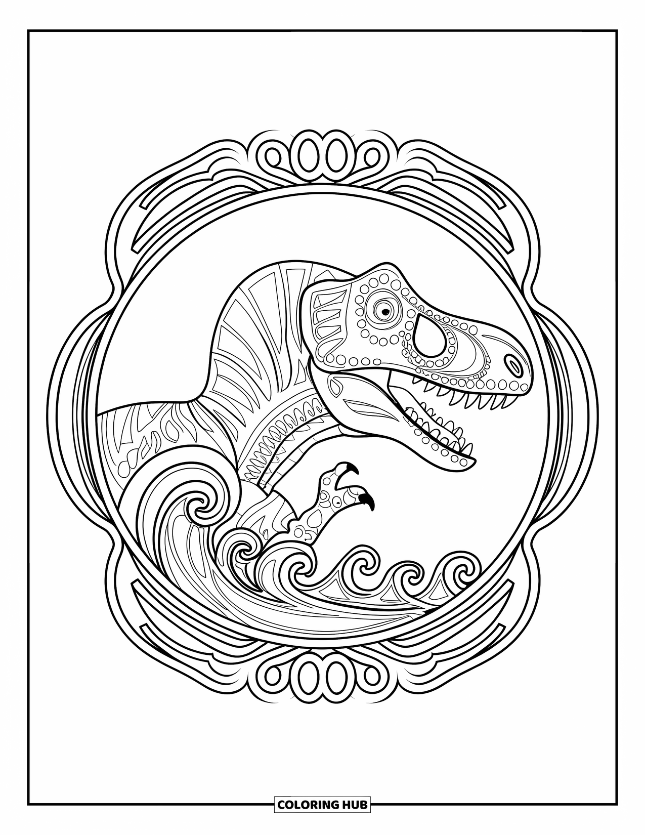 Spinosaurus Coloring Page for Adults: Spinosaurus side view in ornate swirls on a white background