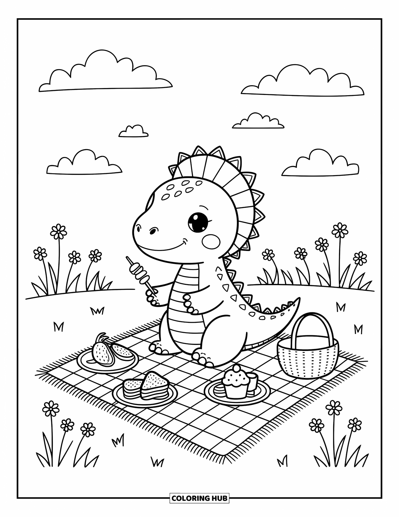 Spinosaurus Coloring Page for Adults: Spinosaurus sits on a picnic blanket with fruit, cupcakes, and a breezy meadow