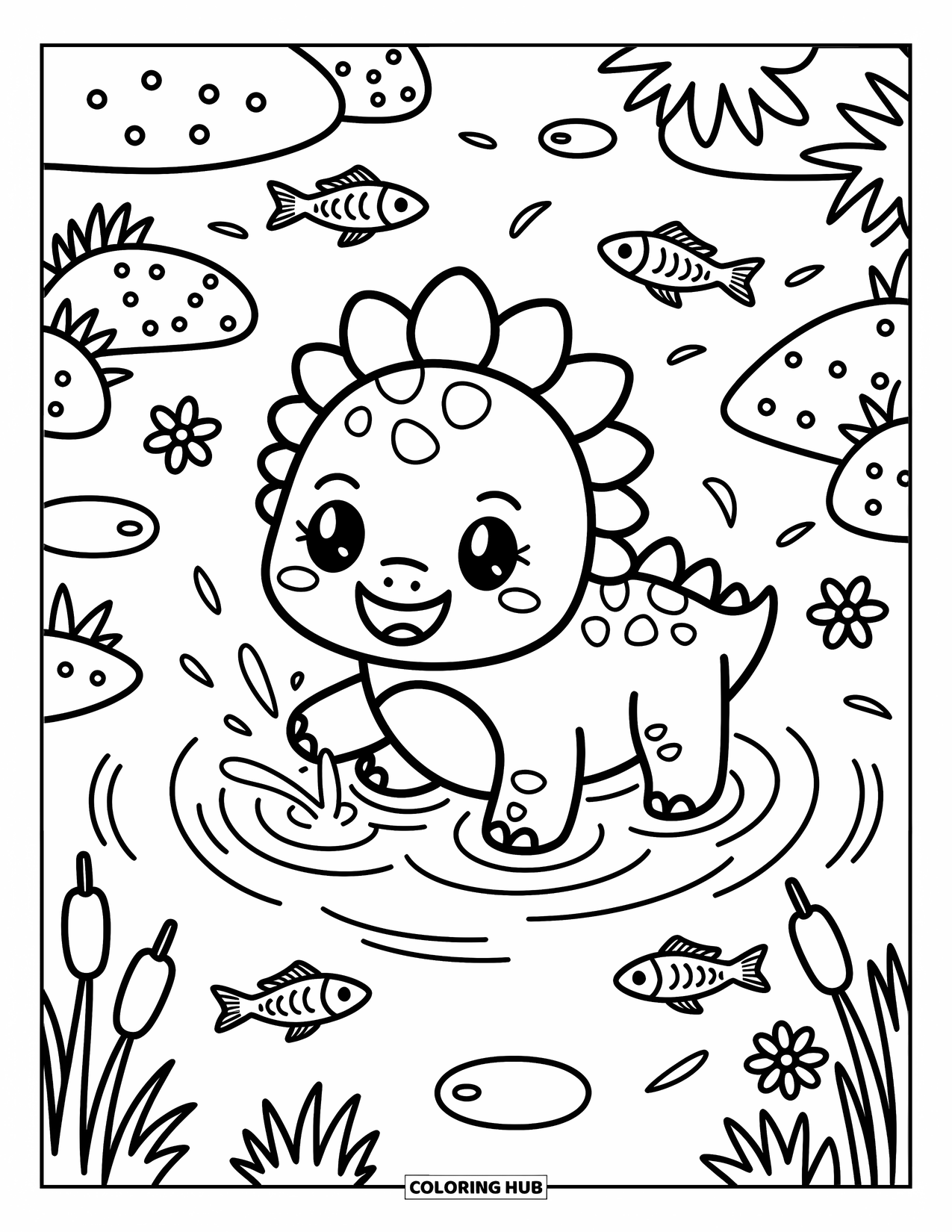 Spinosaurus Coloring Page for Adults: Spinosaurus smiles while splashing in a calm river, surrounded by fish and cattails