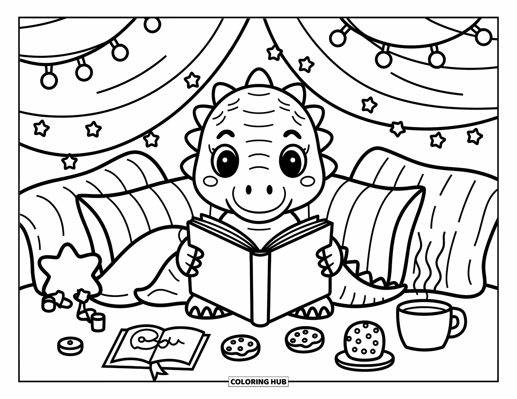 Spinosaurus Coloring Page for Adults: Spinosaurus snuggles in a blanket fort with plushies, cocoa, and a glowing storybook