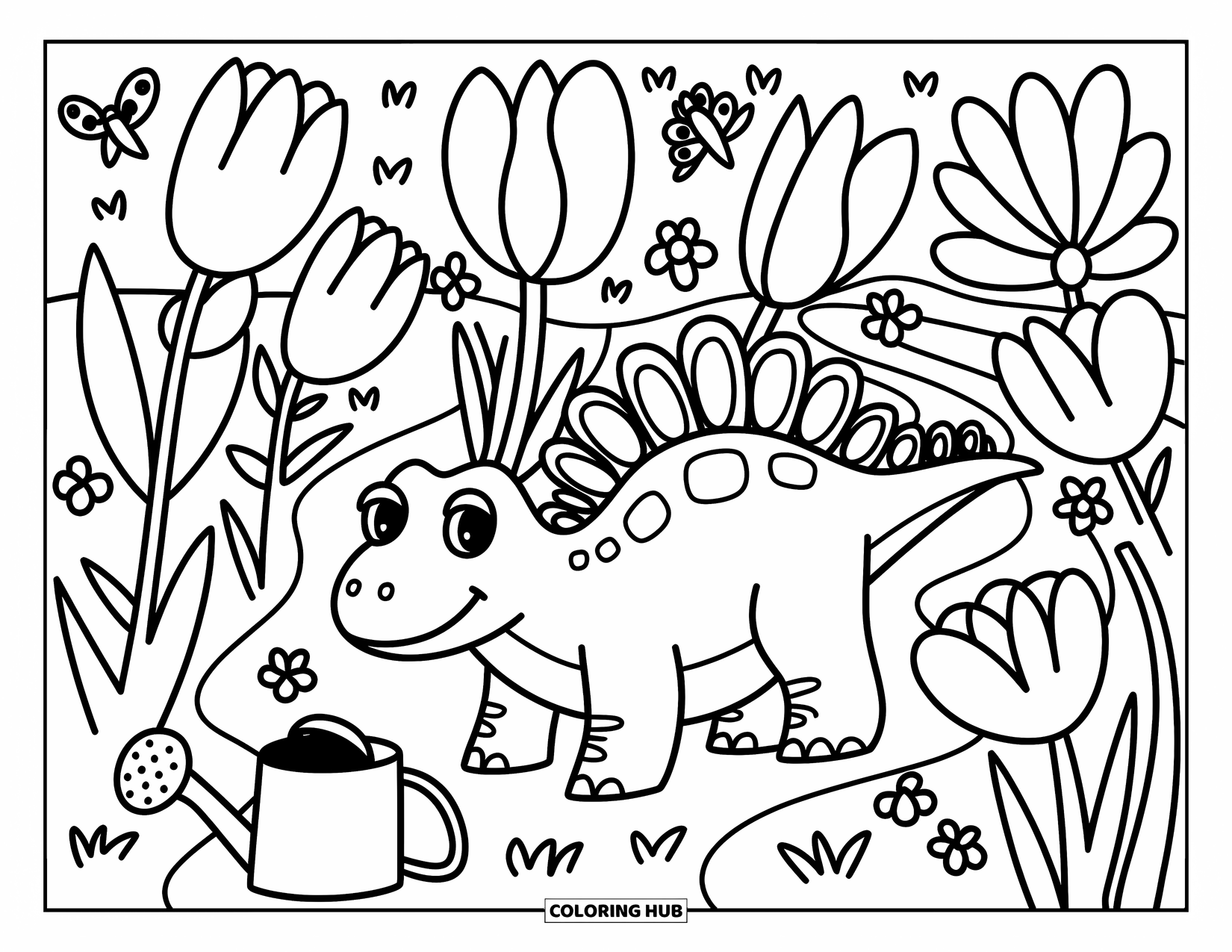 Spinosaurus Coloring Page for Adults: Spinosaurus walks through tall tulips with playful bugs and scattered garden tools