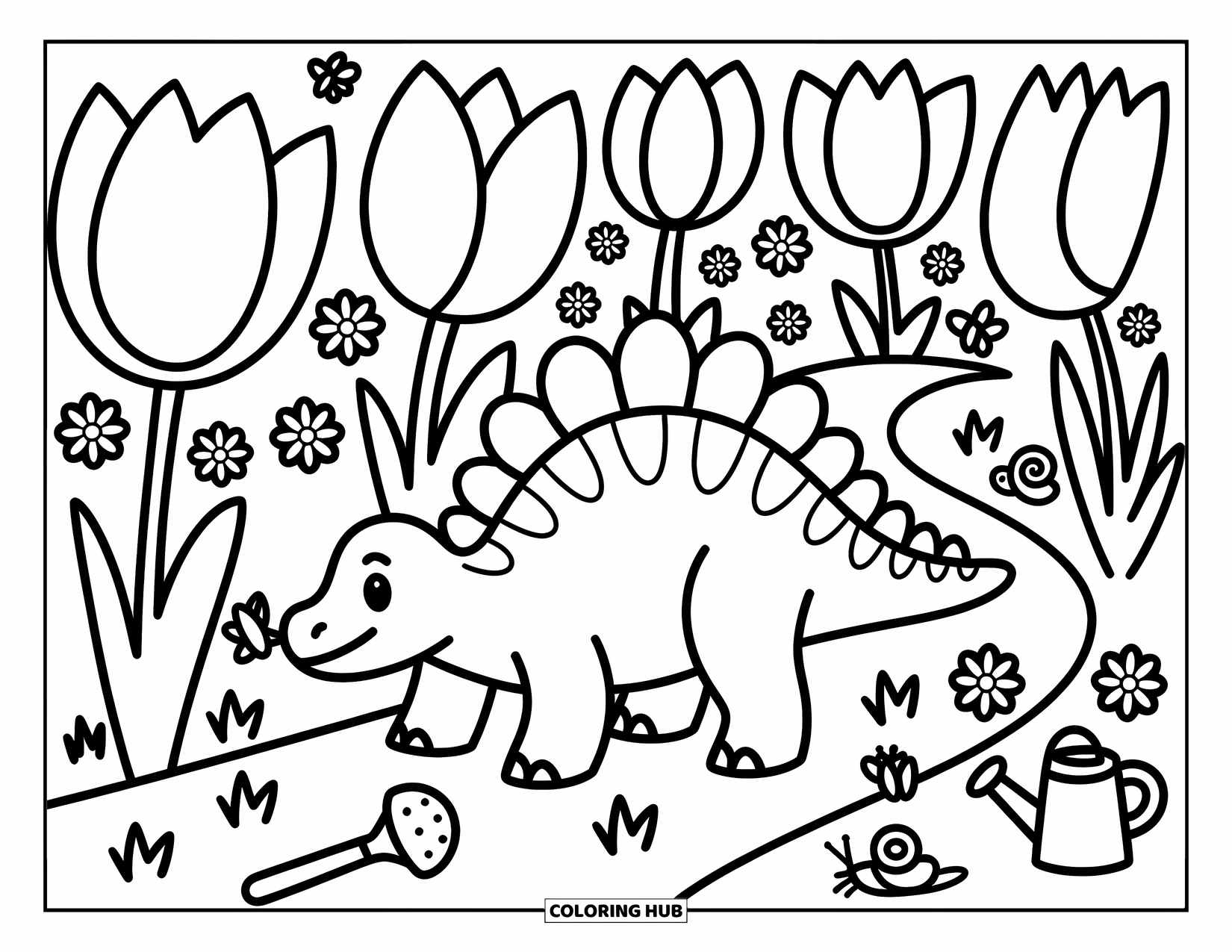 Spinosaurus Coloring Page for Adults: Spinosaurus wanders through giant flowers, sniffing a tulip with bugs nearby