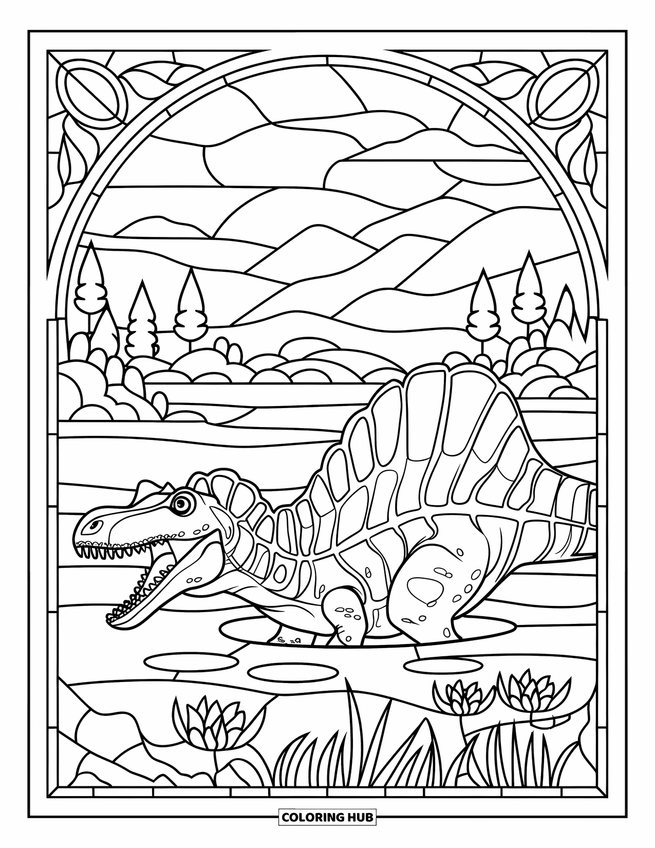 Spinosaurus Coloring Page for Adults: Swimming Spinosaurus inside a stained-glass frame with a serene, natural backdrop