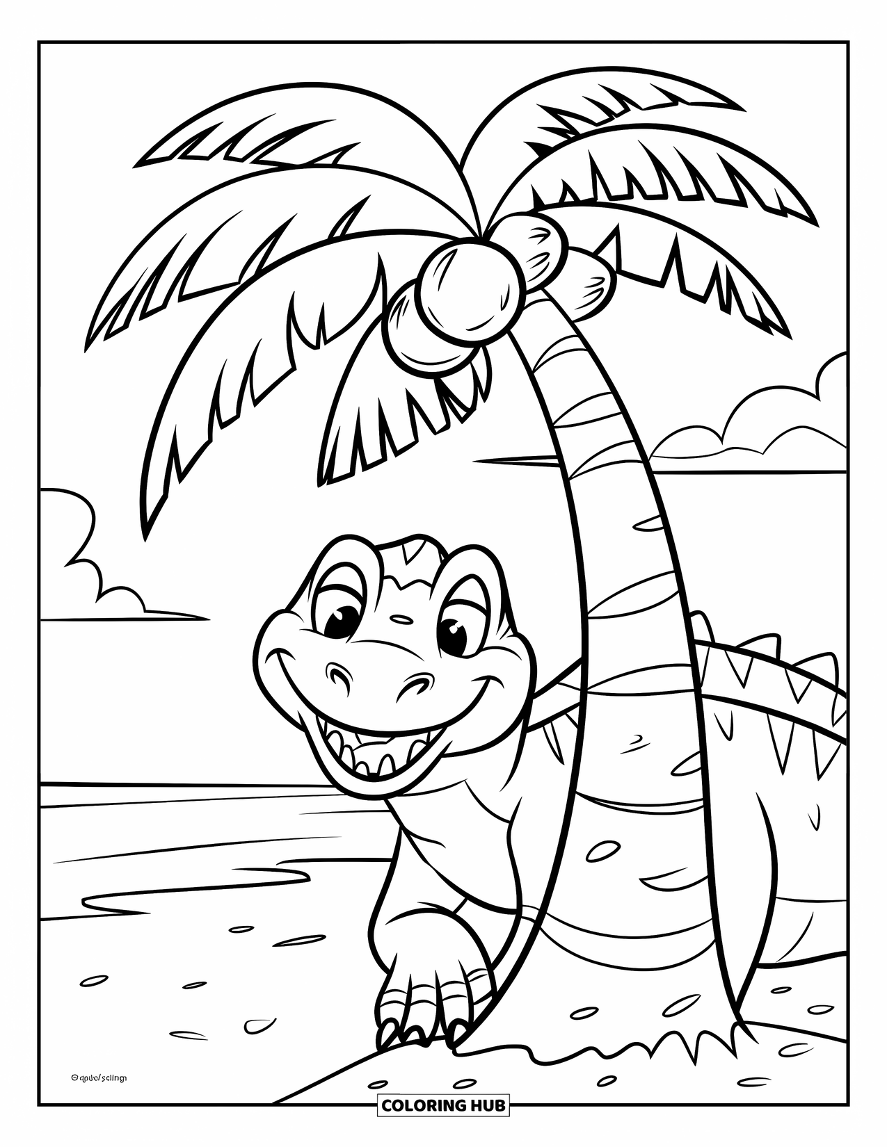 Spinosaurus Coloring Page for Kids: Happy Spinosaurus grins from behind a palm tree with coconuts