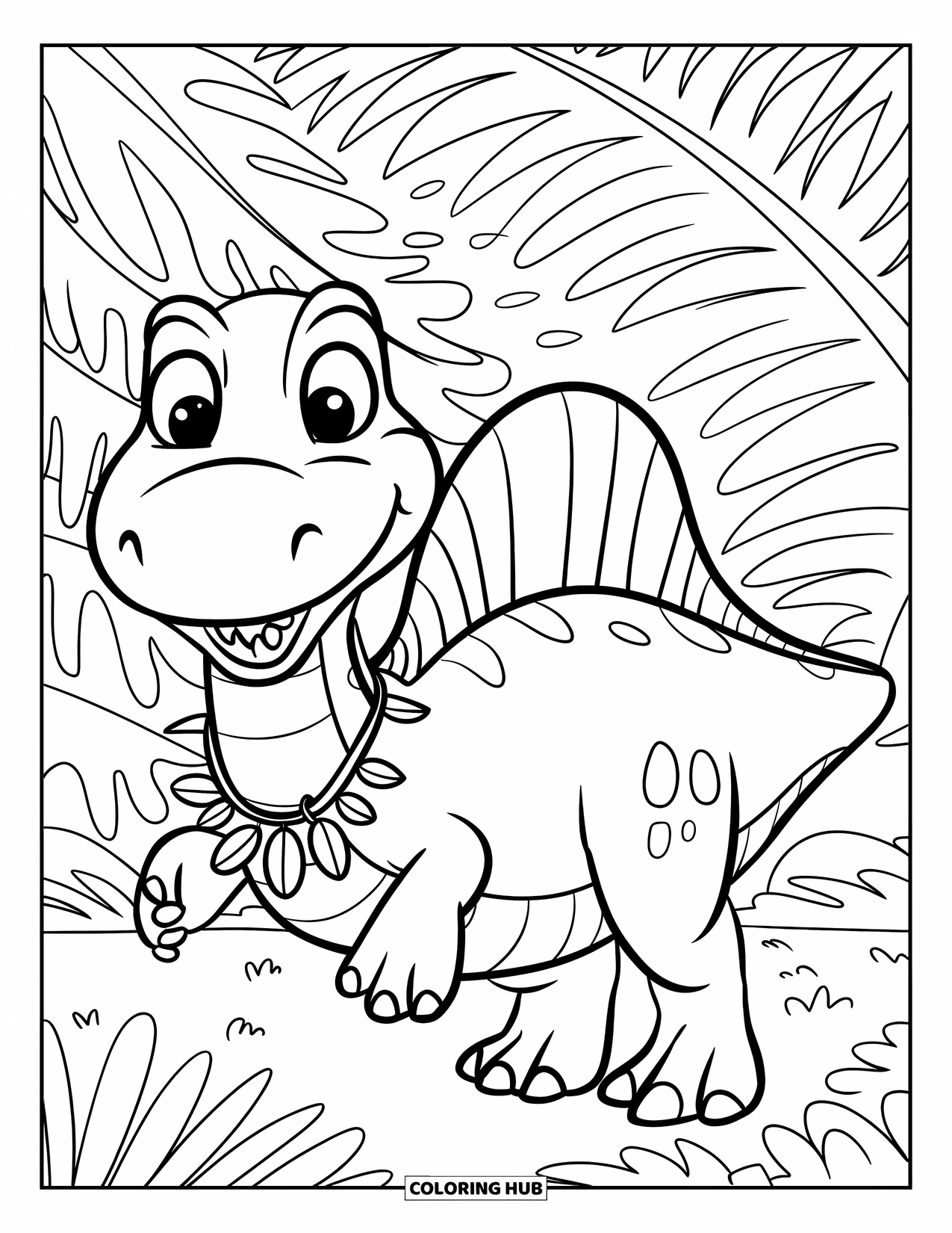 Spinosaurus Coloring Page for Kids: Smiling Spinosaurus with a leaf necklace walks through lush giant ferns