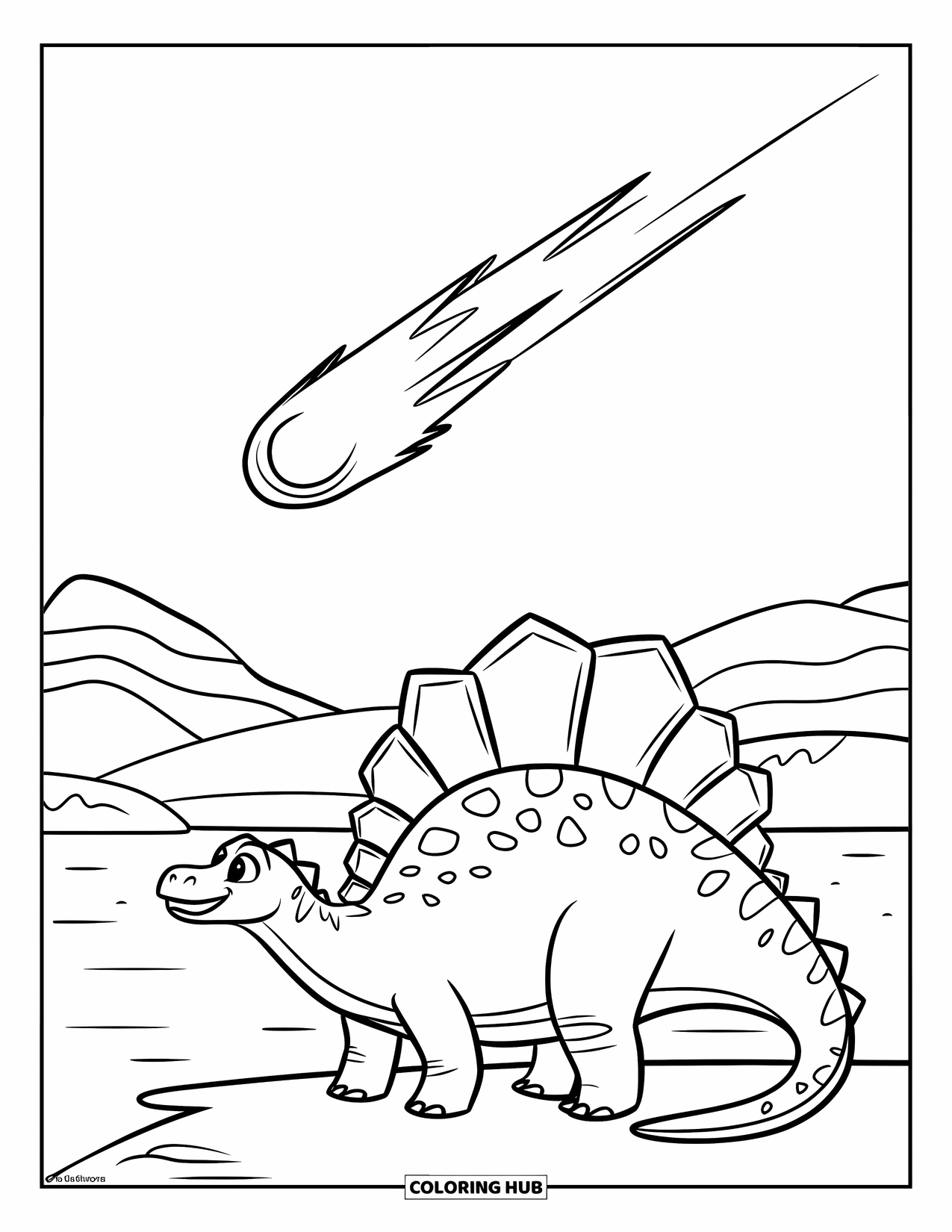 Spinosaurus Coloring Page for Kids: Spinosaurus by a lake, watching a comet blaze across the mountains