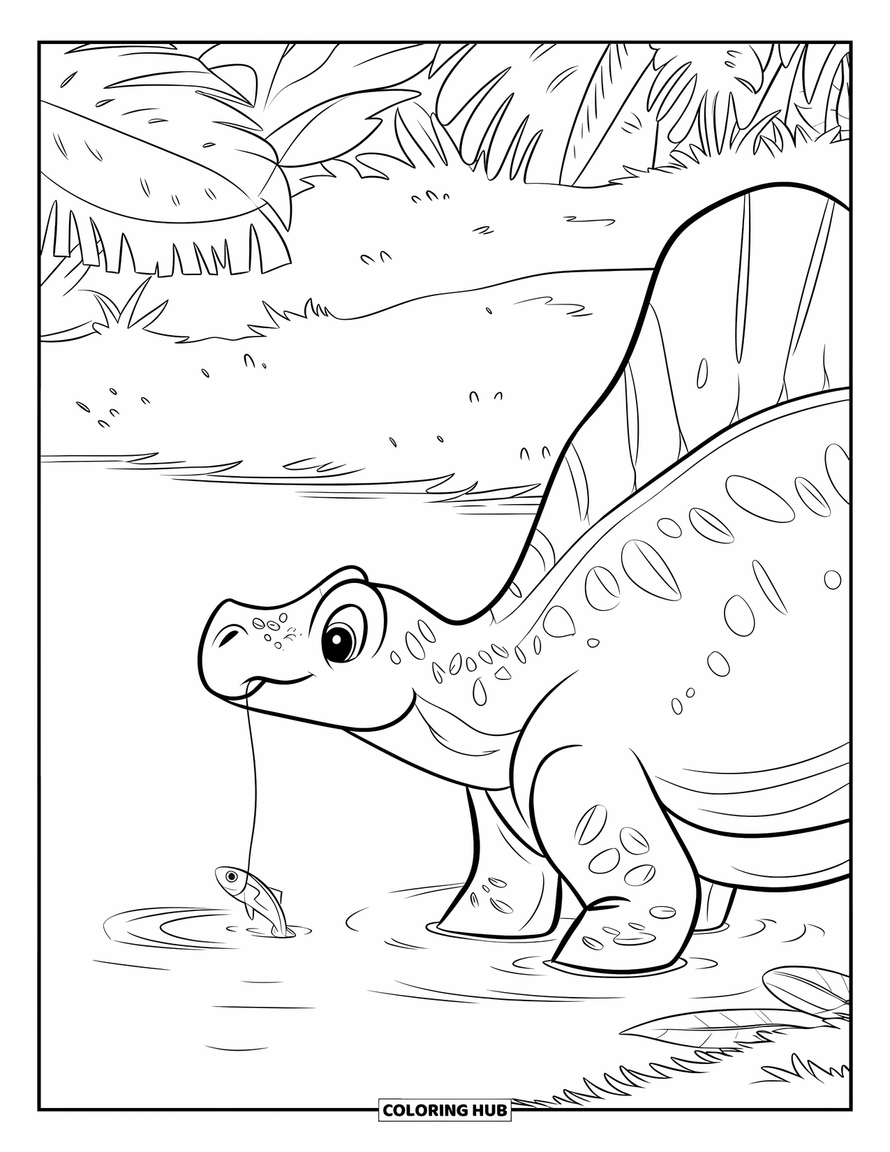 Spinosaurus Coloring Page for Kids: Spinosaurus catches a fish in a calm lake with lush plants nearby