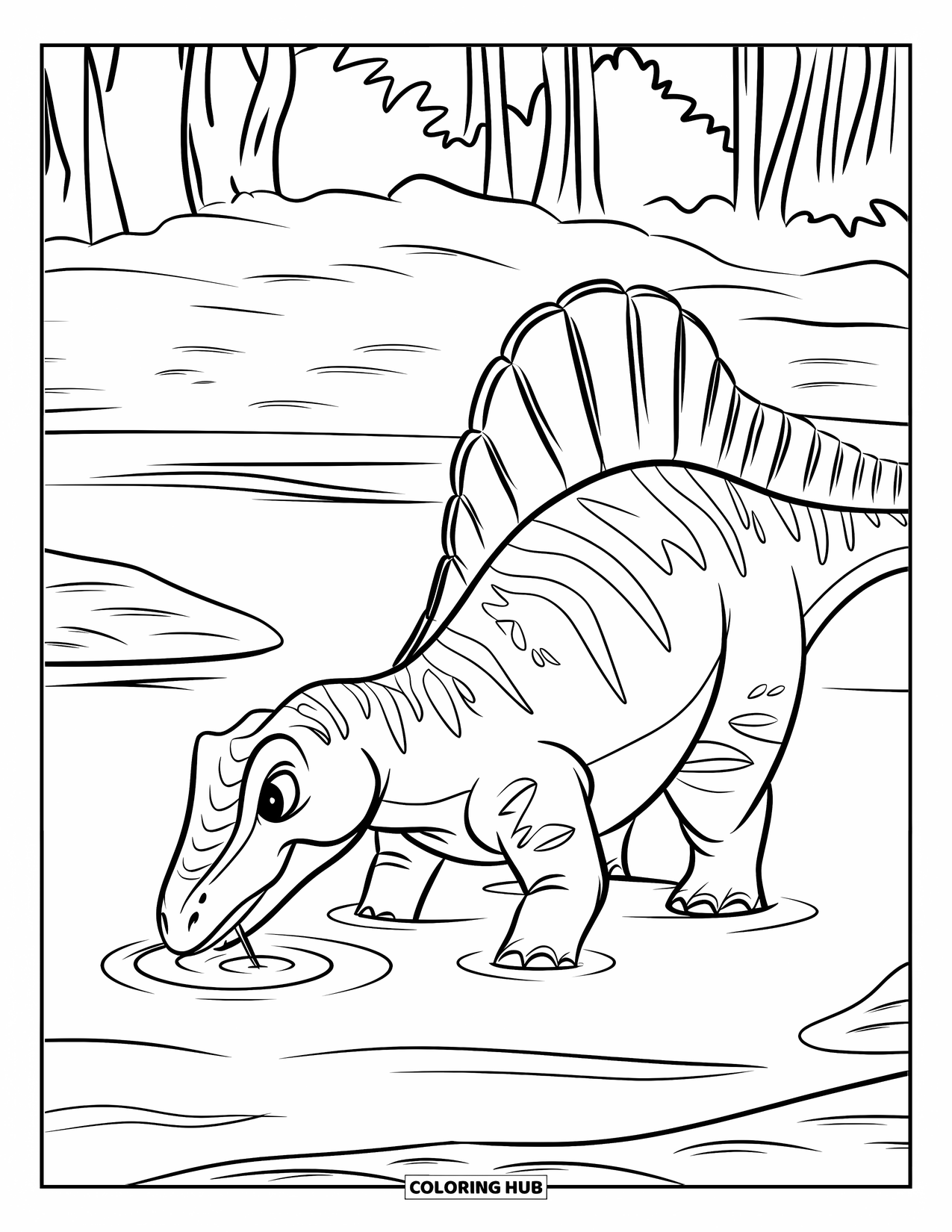Spinosaurus Coloring Page for Kids: Spinosaurus fishes in shallow water near trees and rocks