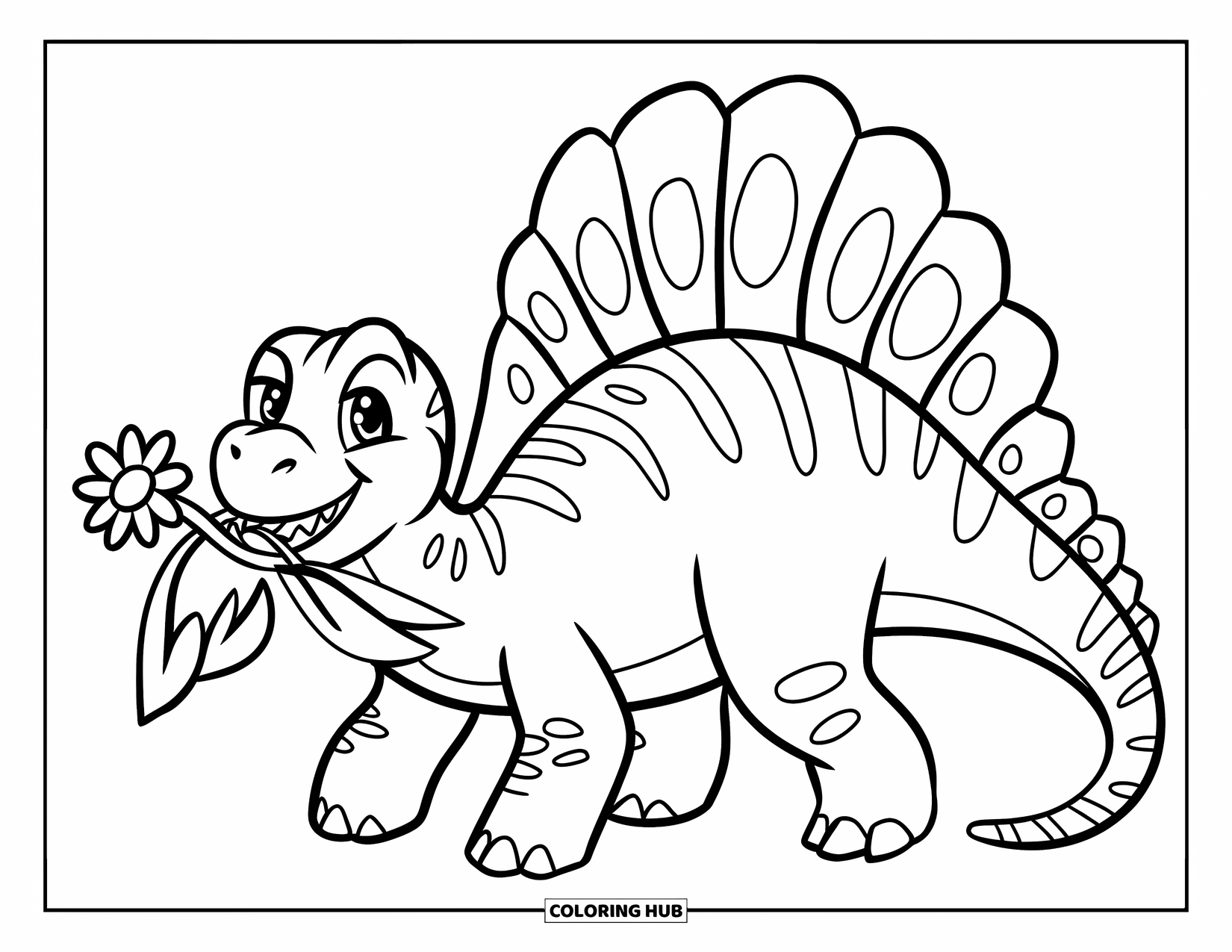 Spinosaurus Coloring Page for Kids: Spinosaurus holds a flower in its mouth with a cheerful look