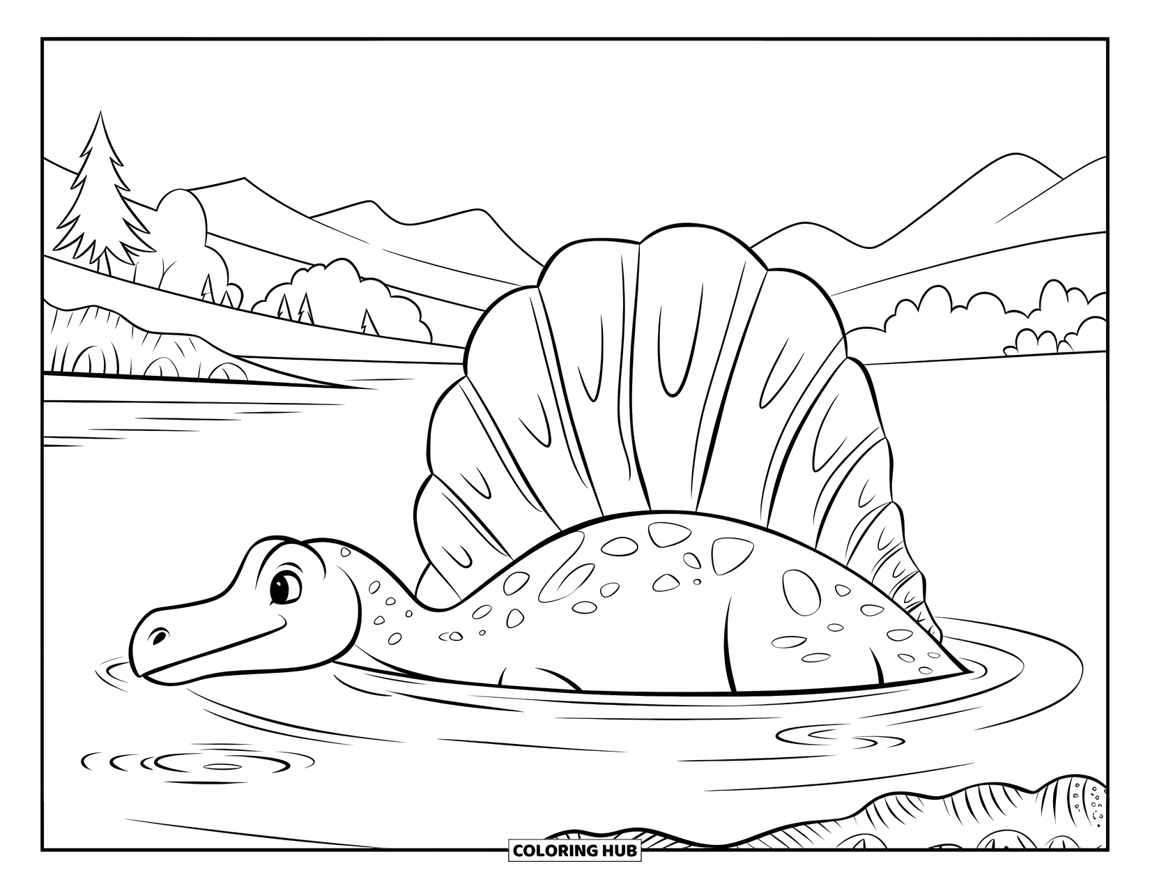 Spinosaurus Coloring Page for Kids: Spinosaurus in calm waters, snout and sail showing with a mountain view