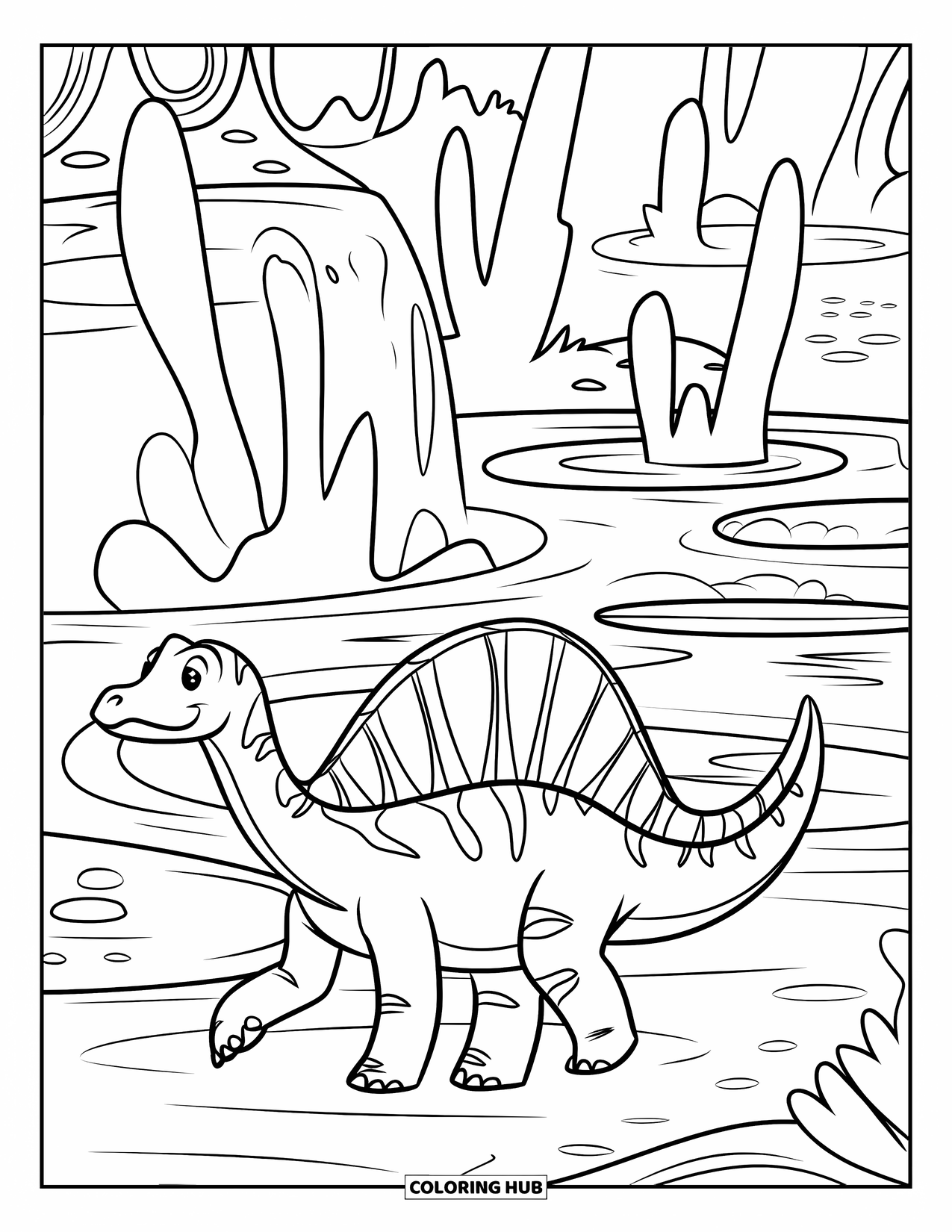 Spinosaurus Coloring Page for Kids: Spinosaurus near steaming hot springs, surrounded by trees and rocks