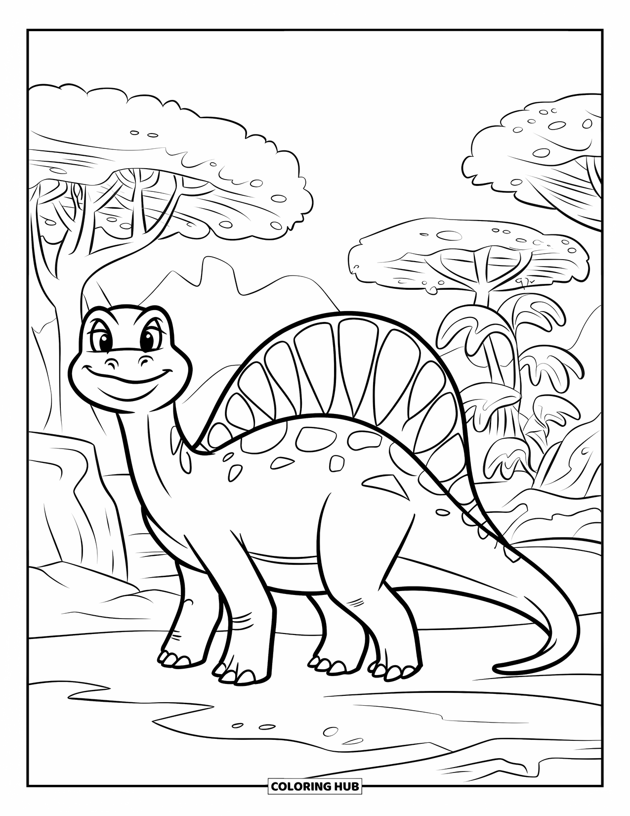 Spinosaurus Coloring Page for Kids: Spinosaurus on rocky ground among fan-shaped ferns and prehistoric trees