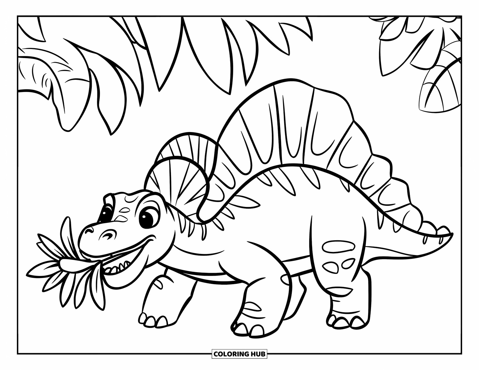 Spinosaurus Coloring Page for Kids: Spinosaurus smiles gently while holding a flower in a green setting