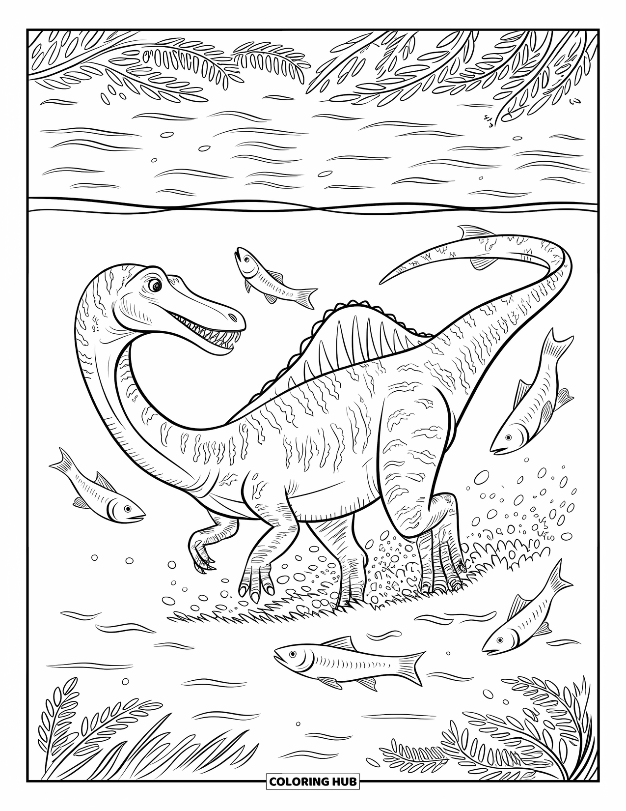 Spinosaurus Coloring Page for Kids: Spinosaurus snaps at fish swimming in clear, shallow water