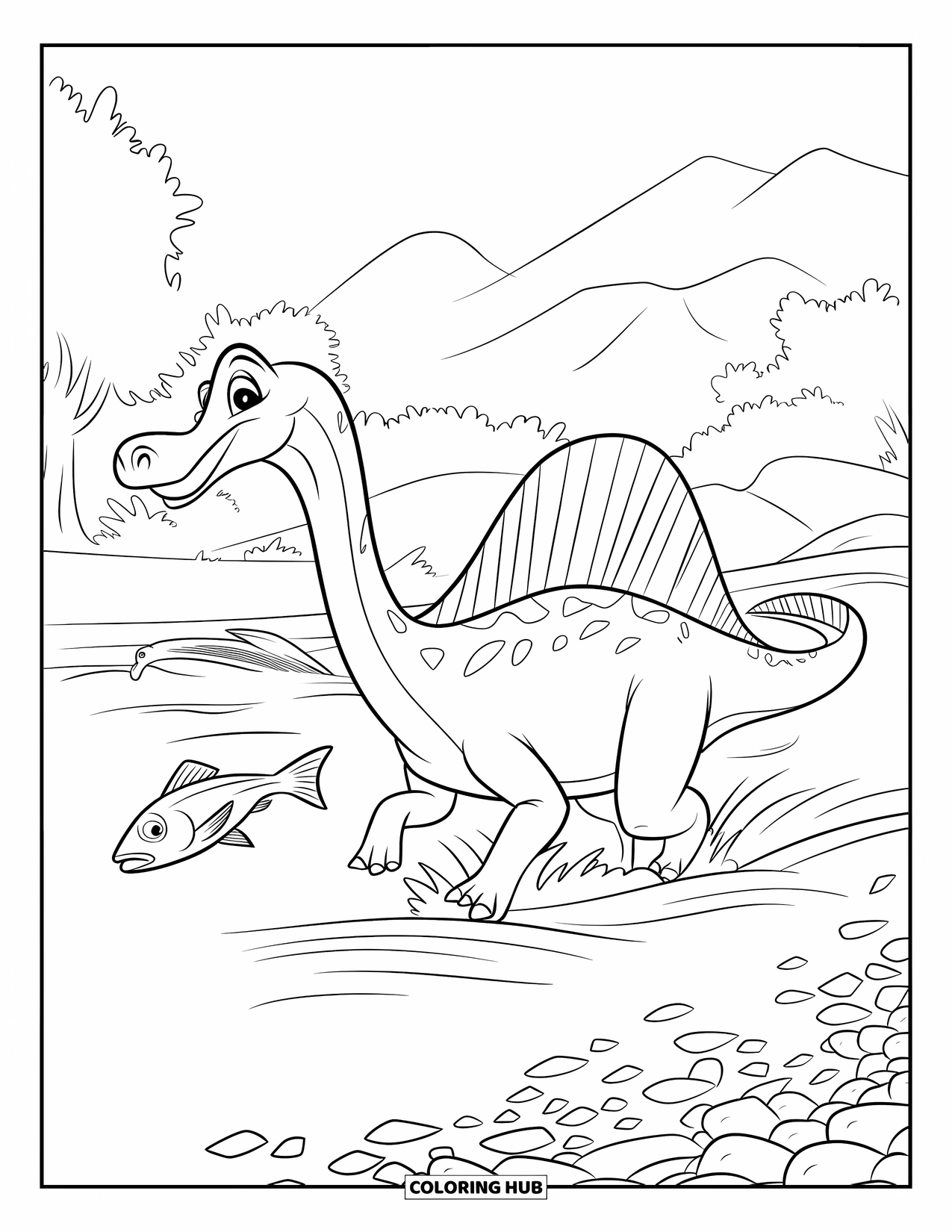 Spinosaurus Coloring Page for Kids: Spinosaurus splashes after fish in a pebbly river