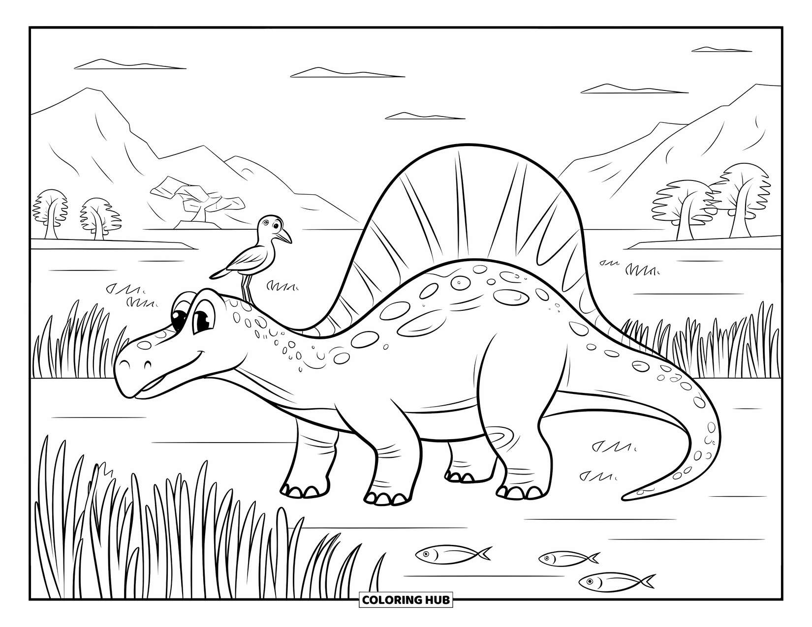 Spinosaurus Coloring Page for Kids: Spinosaurus stands near a marsh with a small bird on its snout