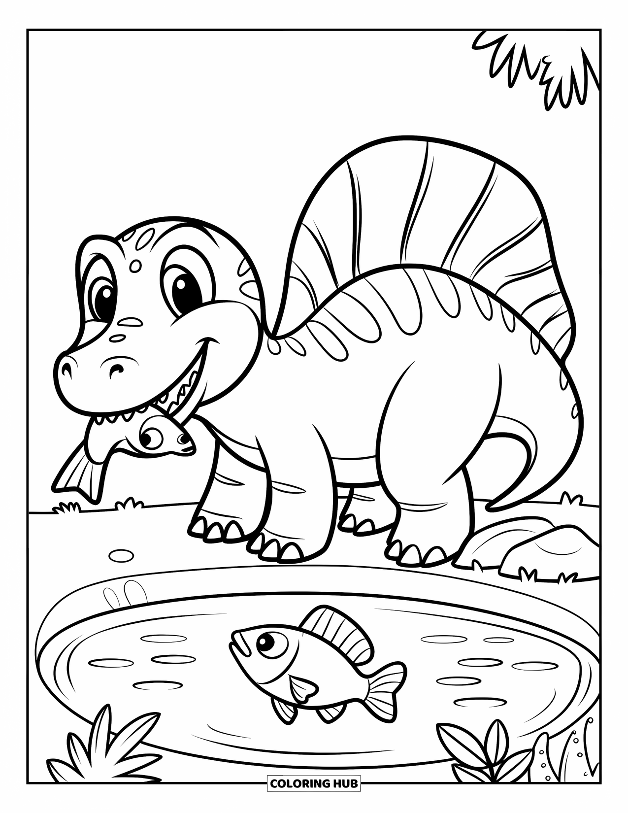 Spinosaurus Coloring Page for Kids: Spinosaurus stands on a rock holding a fish near a quiet pond