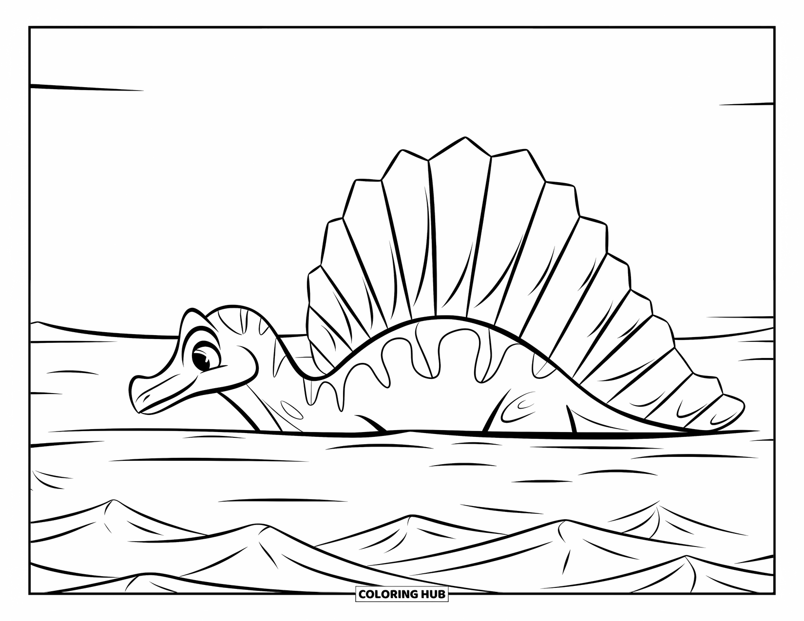 Spinosaurus Coloring Page for Kids: Spinosaurus swimming with just its sail and snout above the waves
