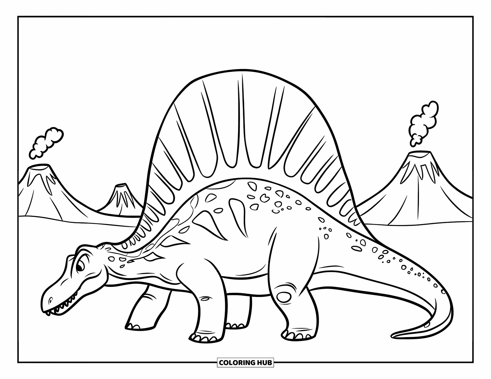 Spinosaurus Coloring Page for Kids: Spinosaurus towers near smoking volcanoes with sharp teeth and a long neck